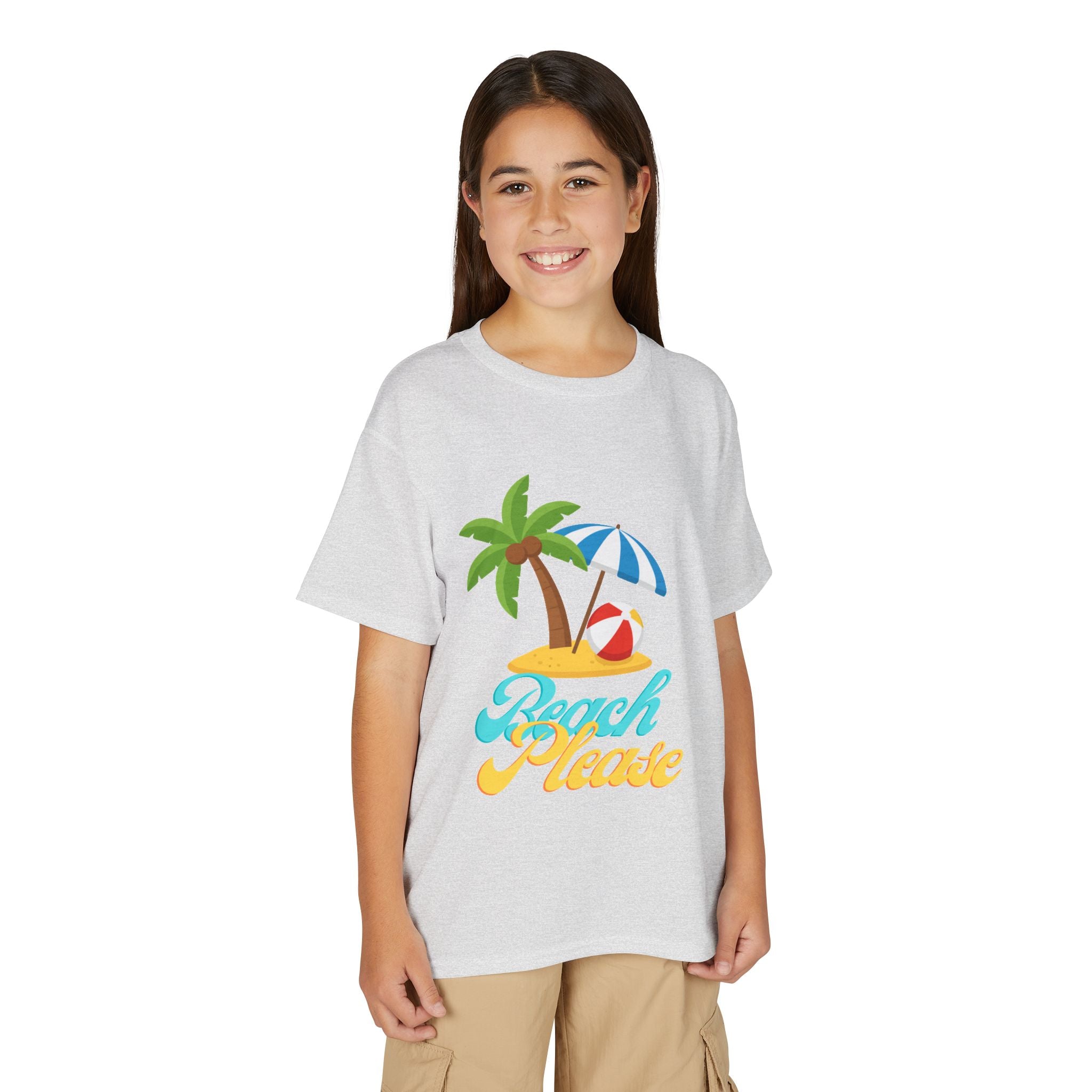 Youth Beach Please T-Shirt — Kids Summer Palm Tree & Umbrella Tee