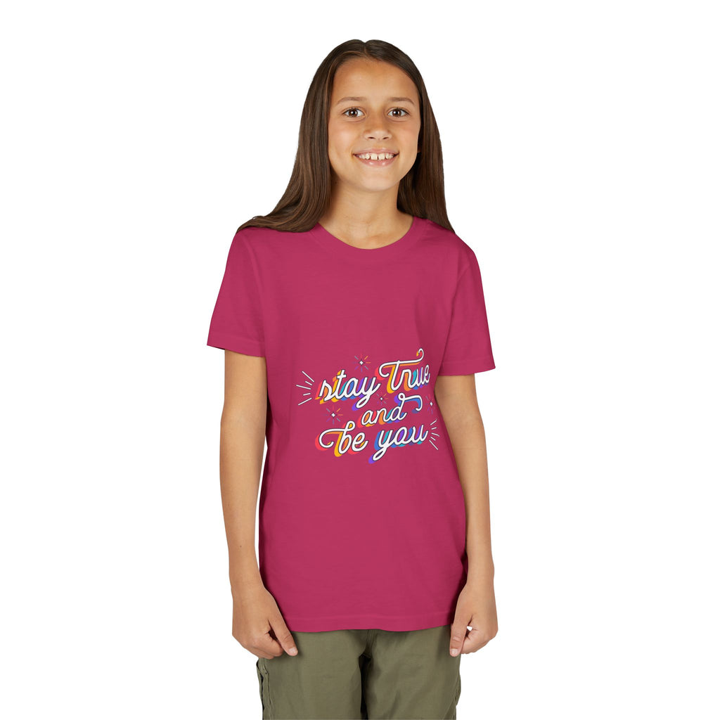 Youth Tee — "Stay True and Be You" Rainbow Script Kids T-Shirt