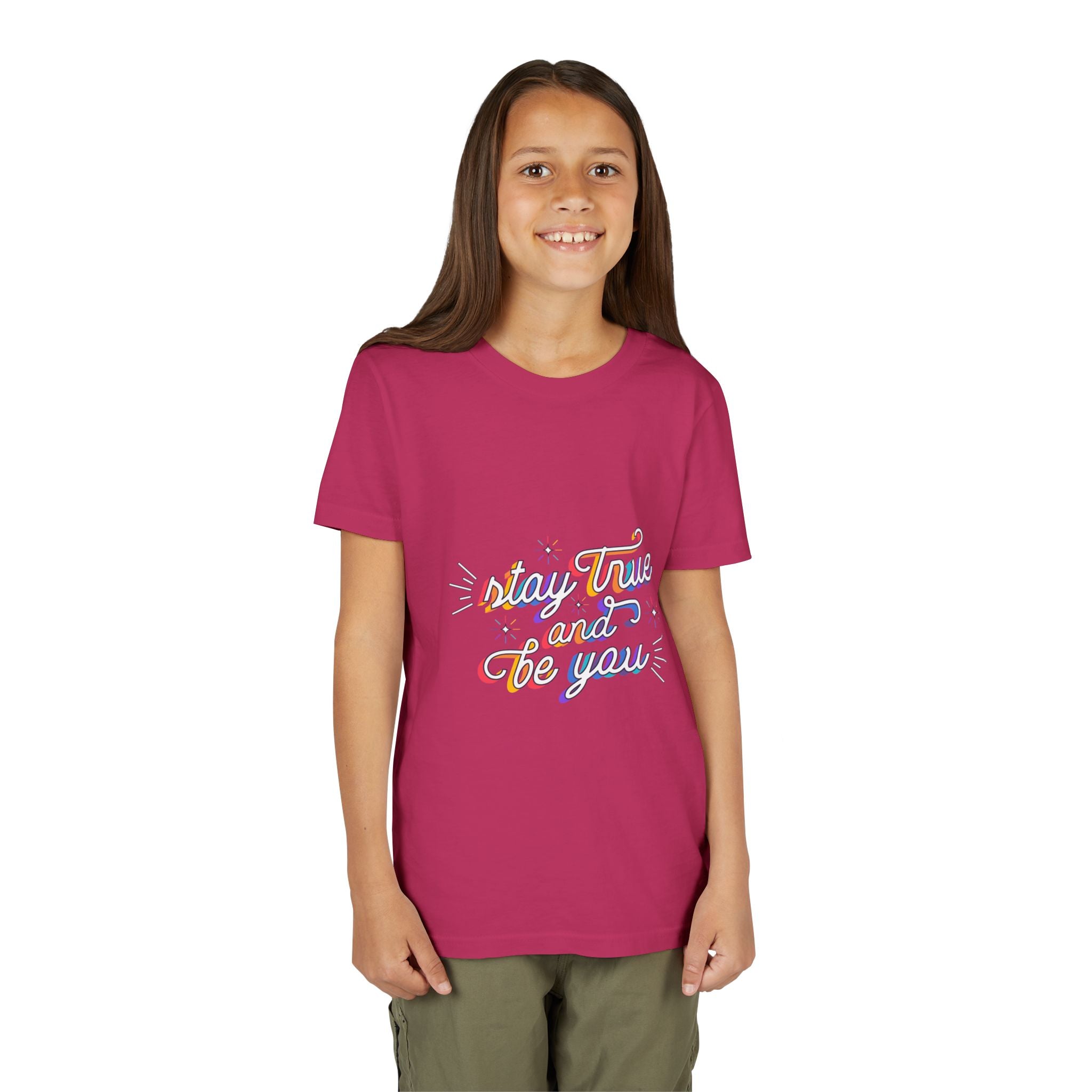 Youth Tee — "Stay True and Be You" Rainbow Script Kids T-Shirt