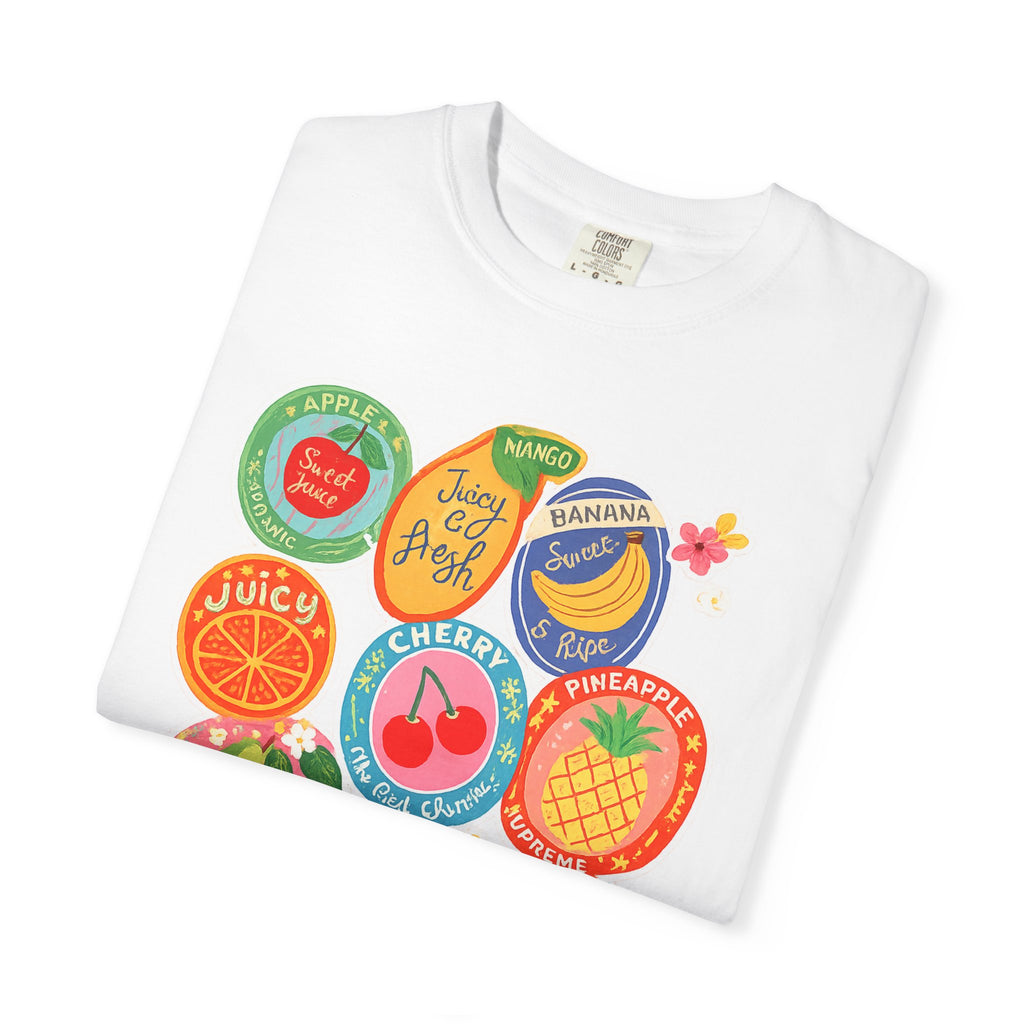 Fruit Sticker Patch T-Shirt — Juicy Retro Labels Graphic Tee