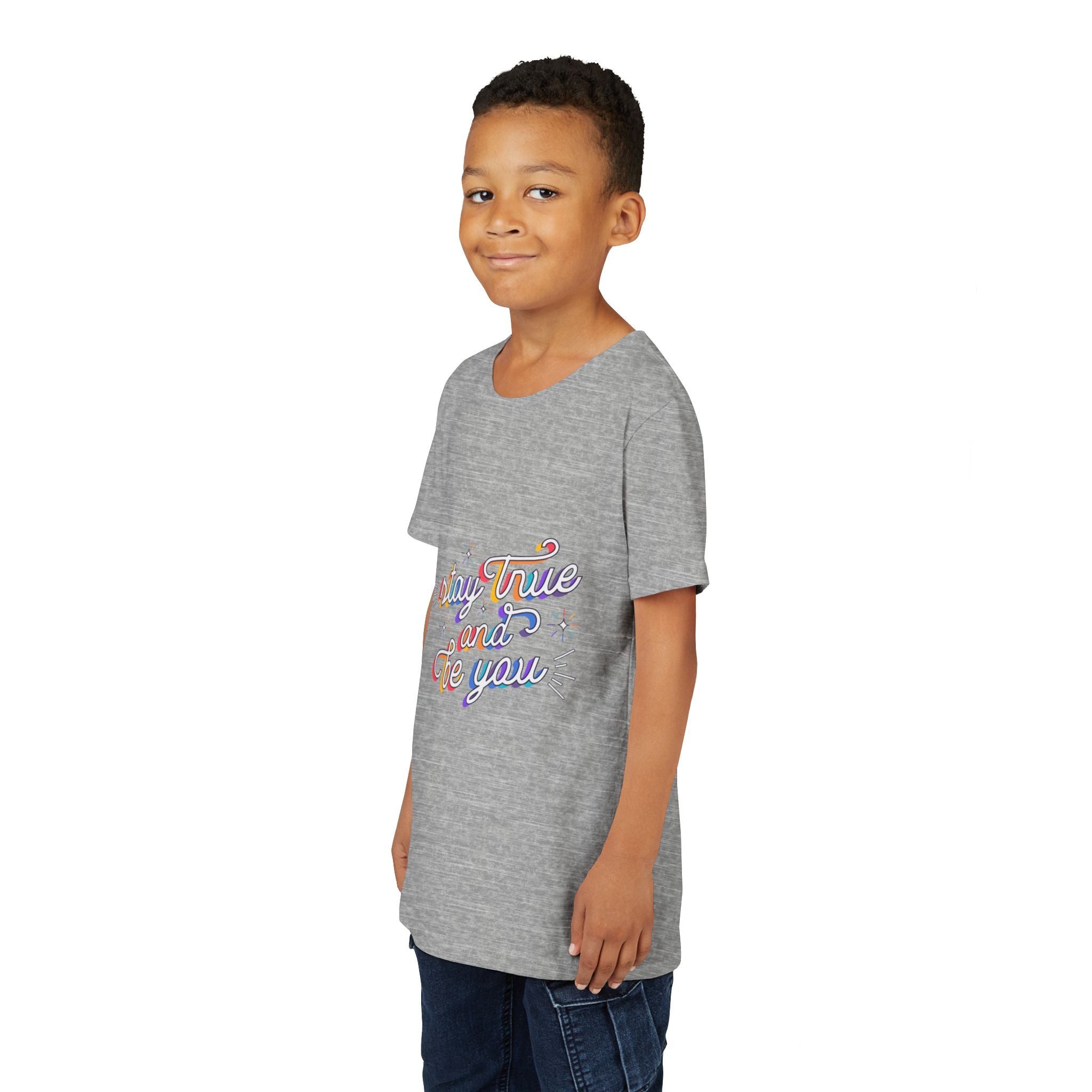 Youth Tee — "Stay True and Be You" Rainbow Script Kids T-Shirt