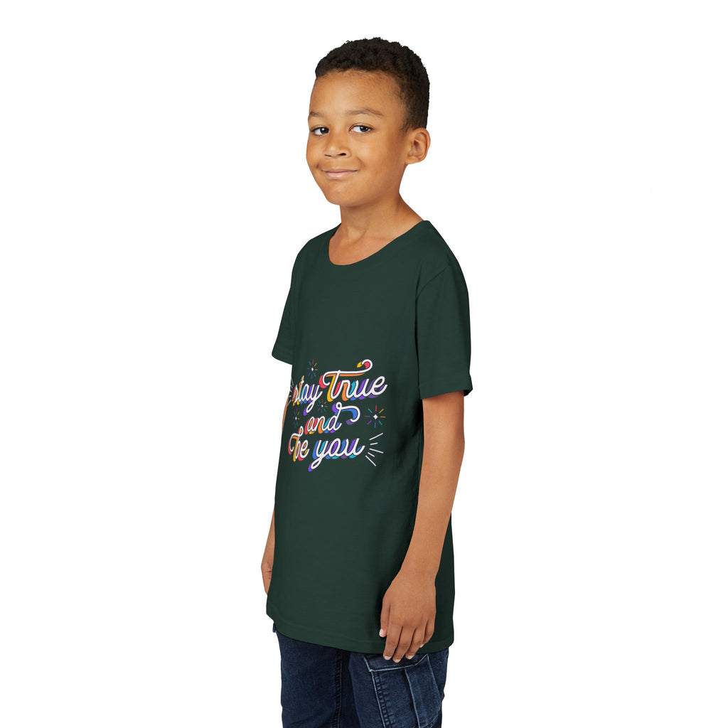 Youth Tee — "Stay True and Be You" Rainbow Script Kids T-Shirt