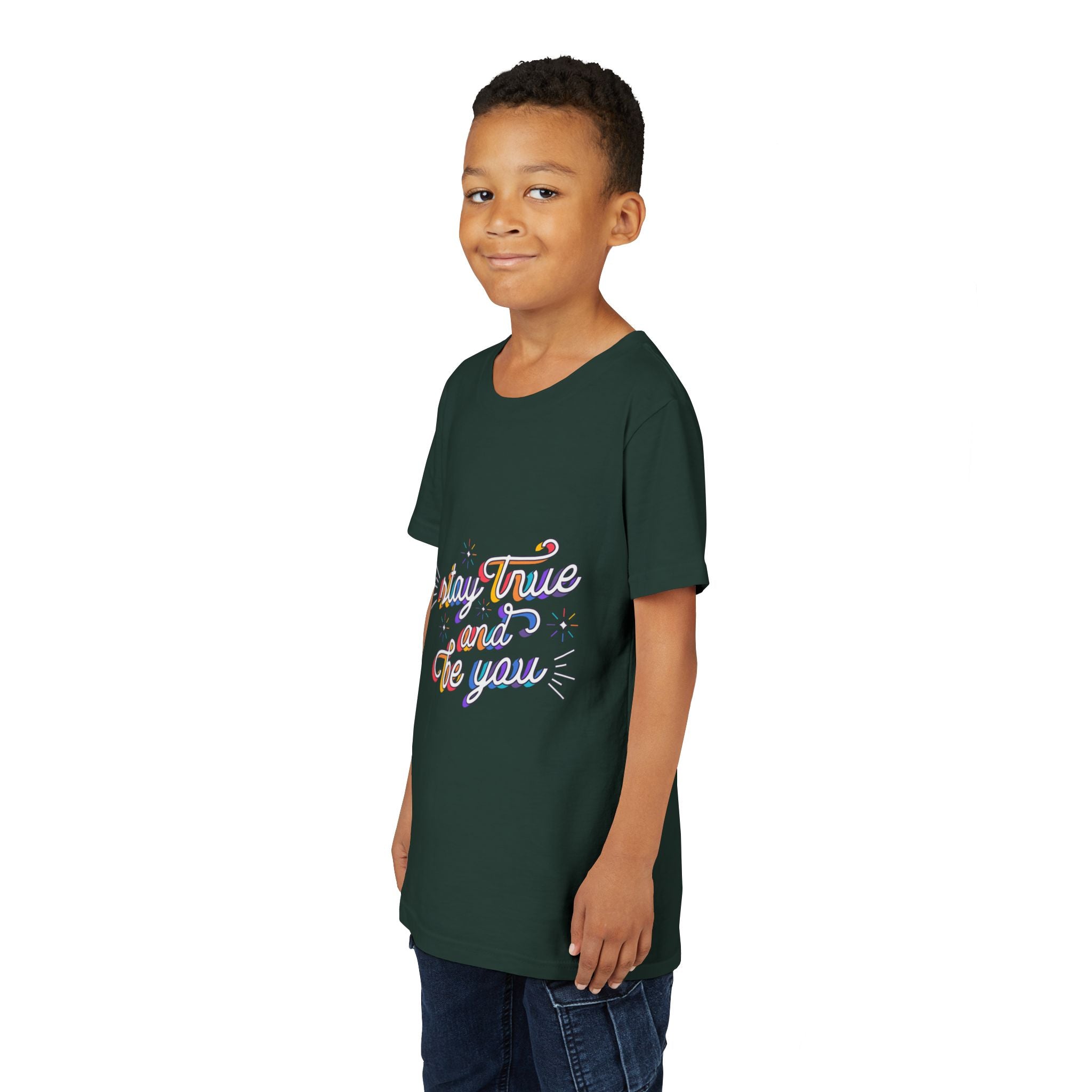 Youth Tee — "Stay True and Be You" Rainbow Script Kids T-Shirt