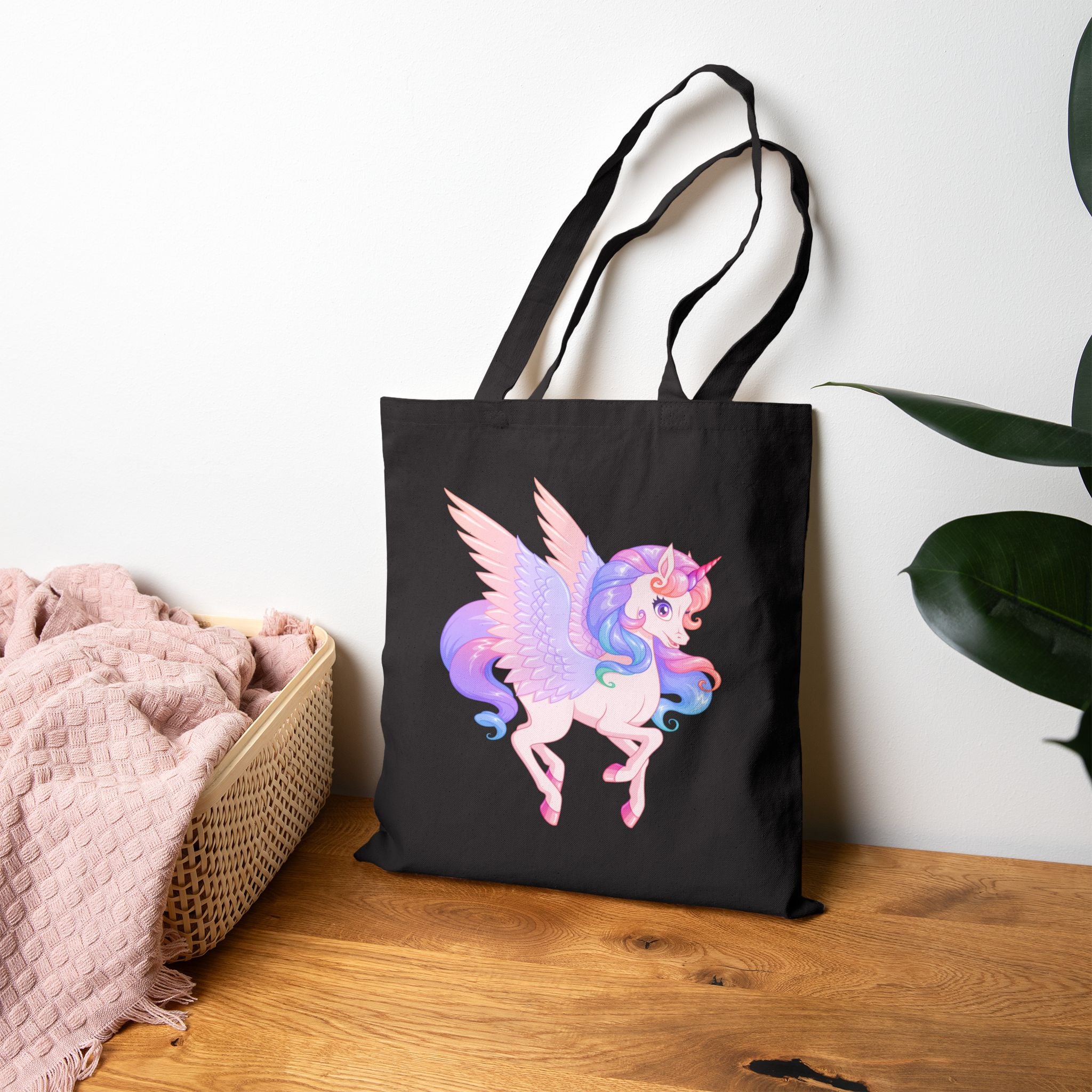 Magical Unicorn Pegasus Canvas Tote Bag — Pastel Rainbow Winged Horse Cotton Shopper