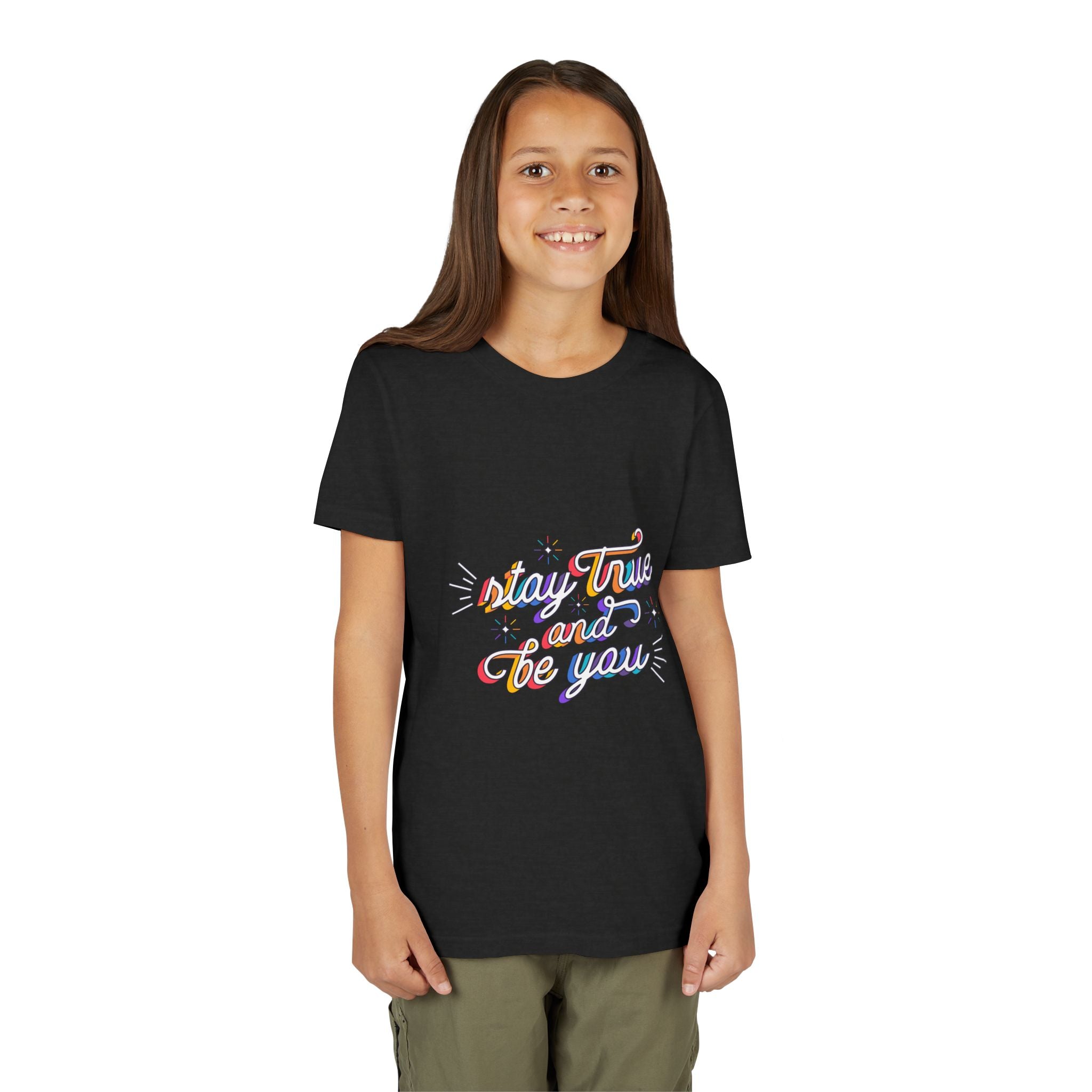 Youth Tee — "Stay True and Be You" Rainbow Script Kids T-Shirt