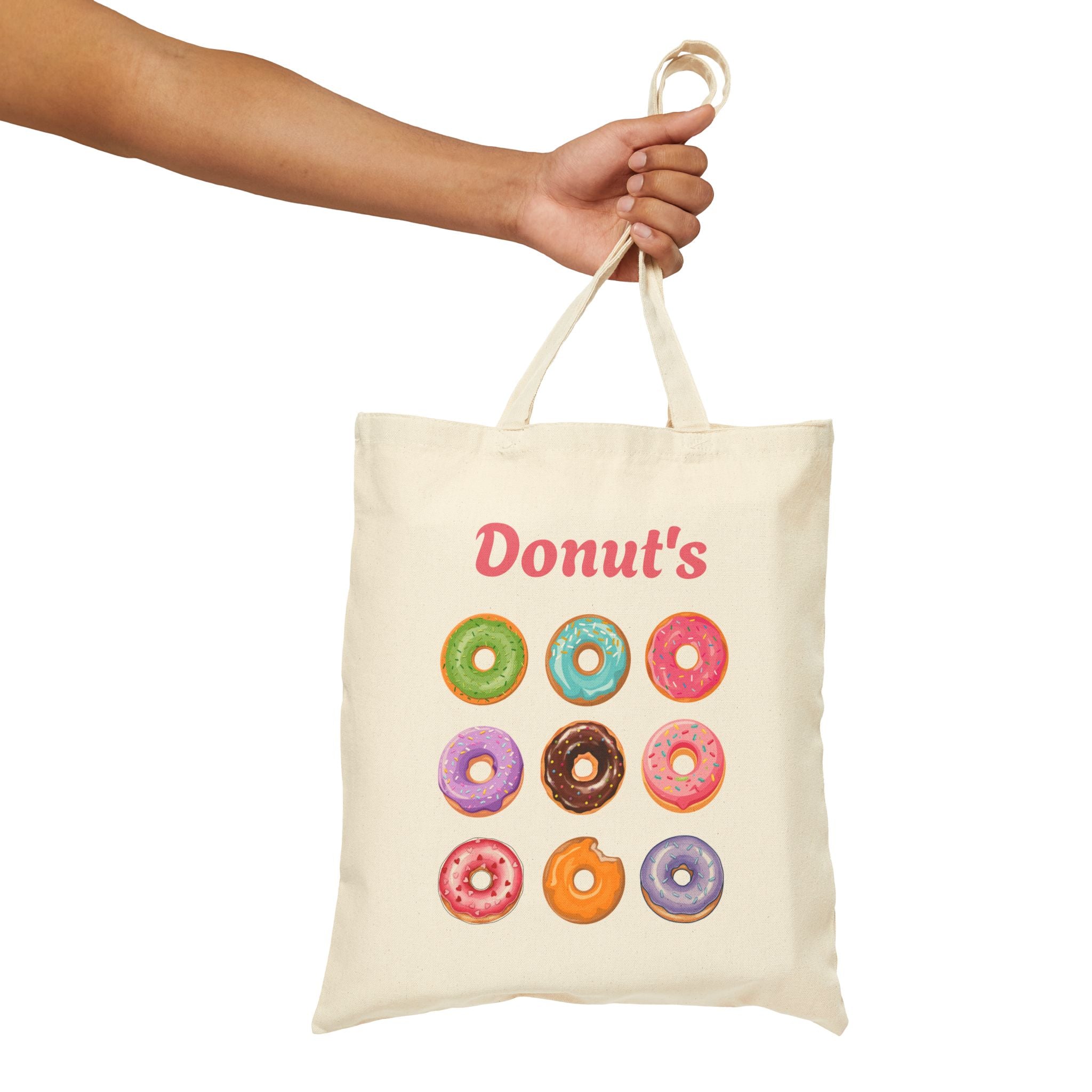 Donut Print Cotton Canvas Tote Bag — Cute Pastry Pattern Tote Bag