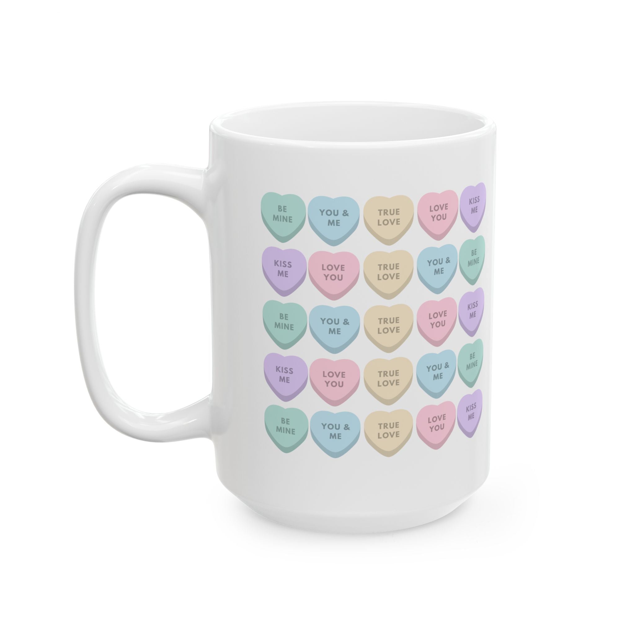 Candy Heart Ceramic Mug — Pastel 'Kiss Me' Conversation Hearts Coffee Cup (11oz & 15oz)