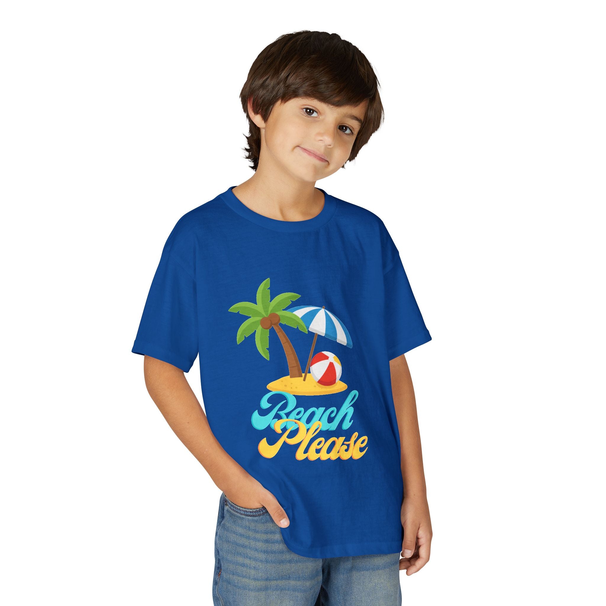 Youth Beach Please T-Shirt — Kids Summer Palm Tree & Umbrella Tee