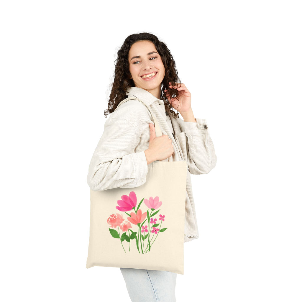 Floral Bouquet Canvas Tote Bag — Pink Watercolor Flowers Reusable Grocery Tote