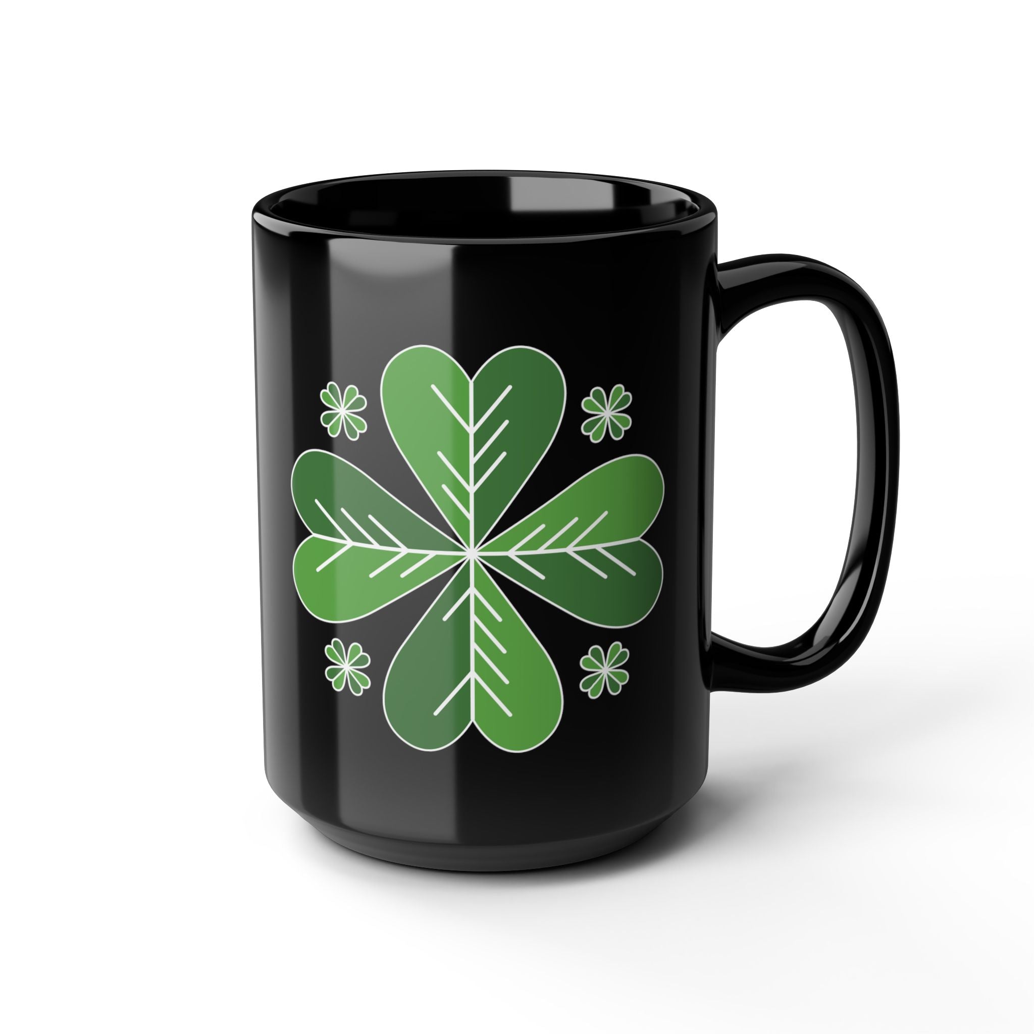 St. Patrick’s Day Green Four-Leaf Clover Mug — Lucky Shamrock Coffee Cup (11oz/15oz)