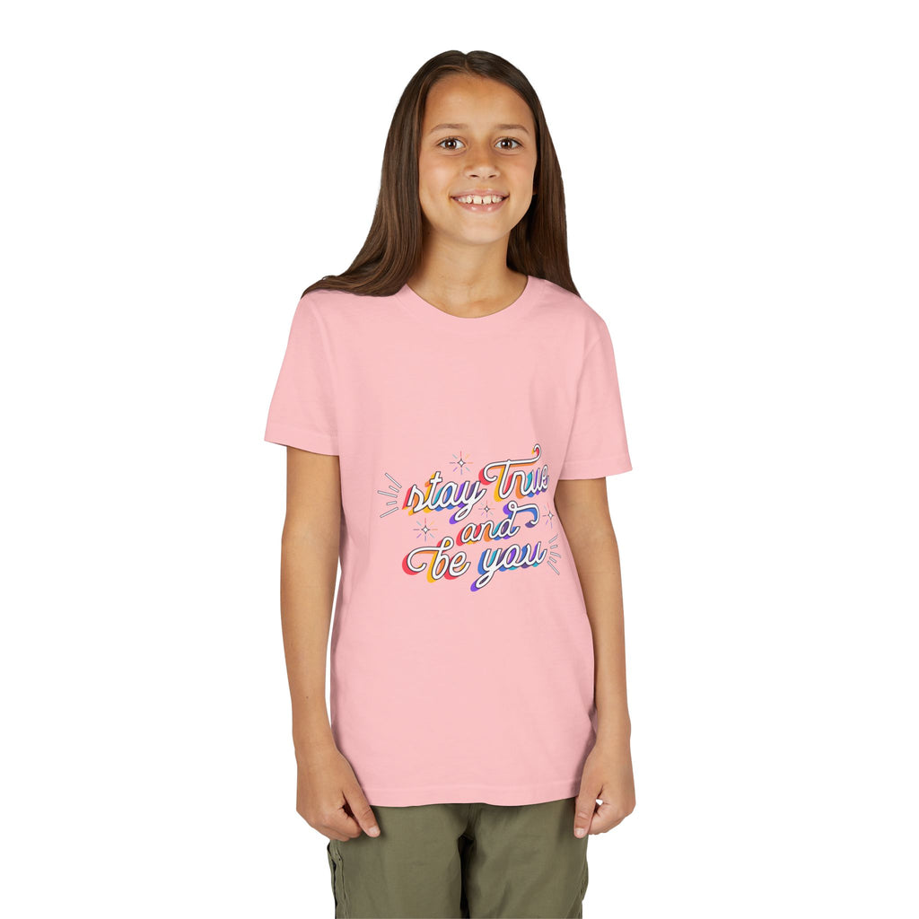 Youth Tee — "Stay True and Be You" Rainbow Script Kids T-Shirt