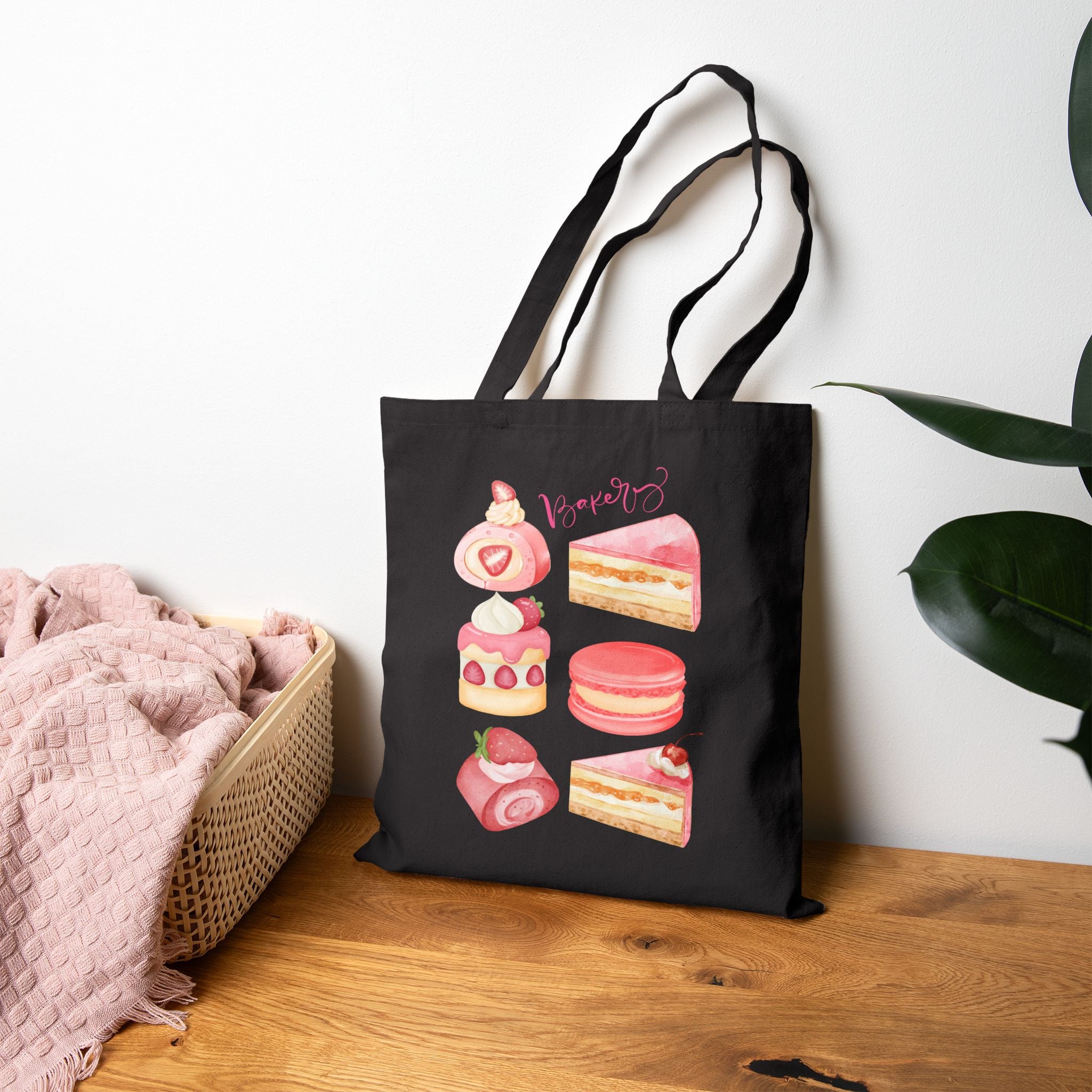 Strawberry Pastel Desserts Canvas Tote — Cute Pink Cakes & Macarons