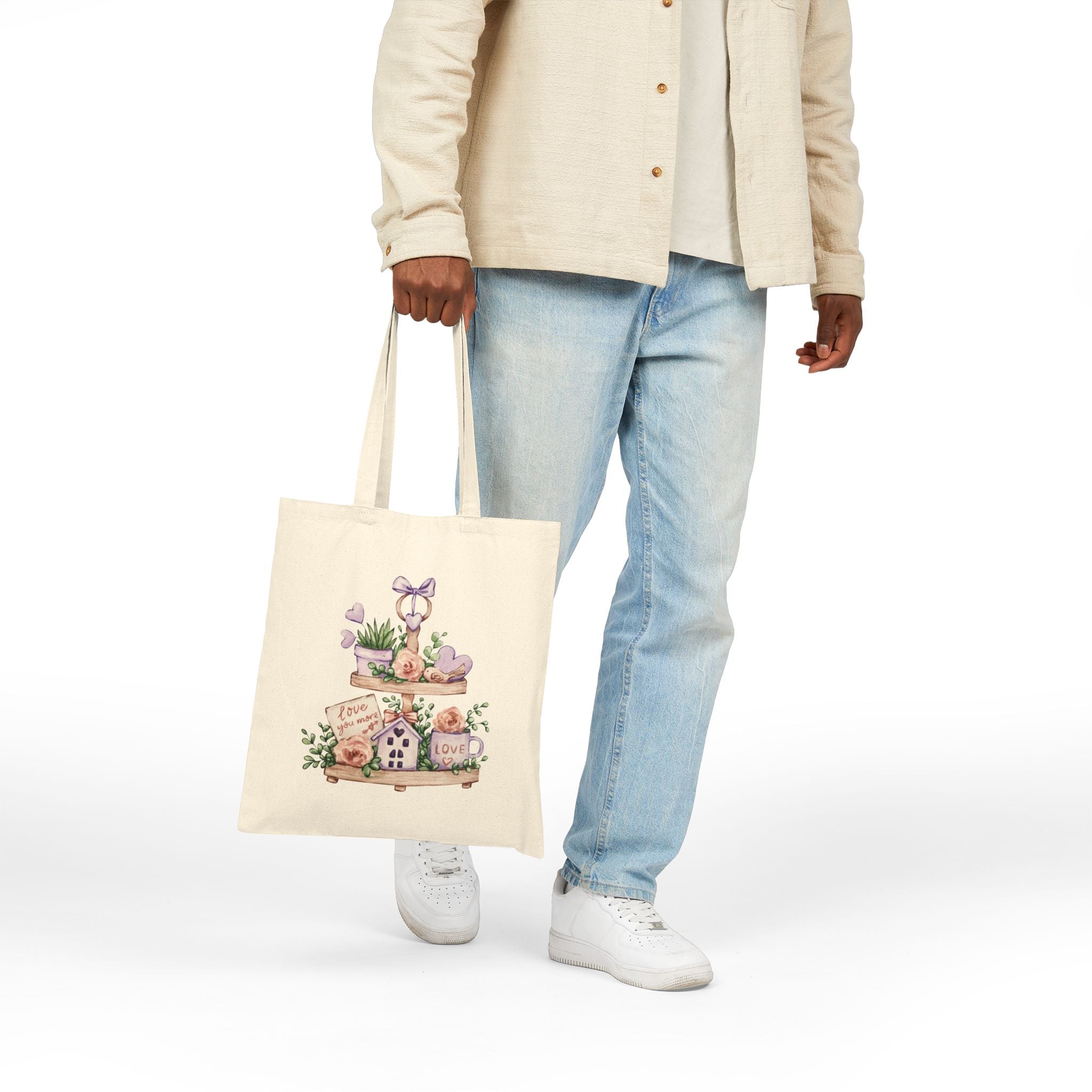 Canvas Tote Bag — Rustic Shelf Decor Illustration (Love, Plants & Hearts)