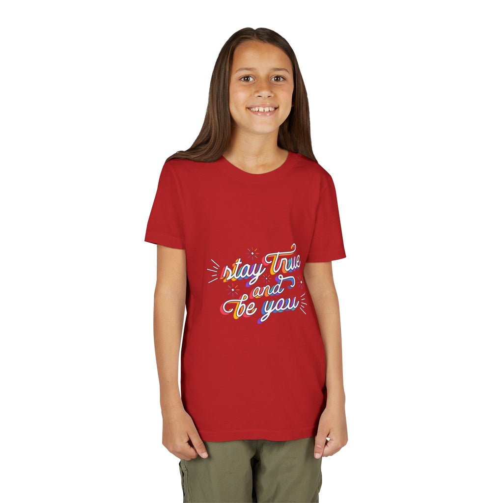 Youth Tee — "Stay True and Be You" Rainbow Script Kids T-Shirt