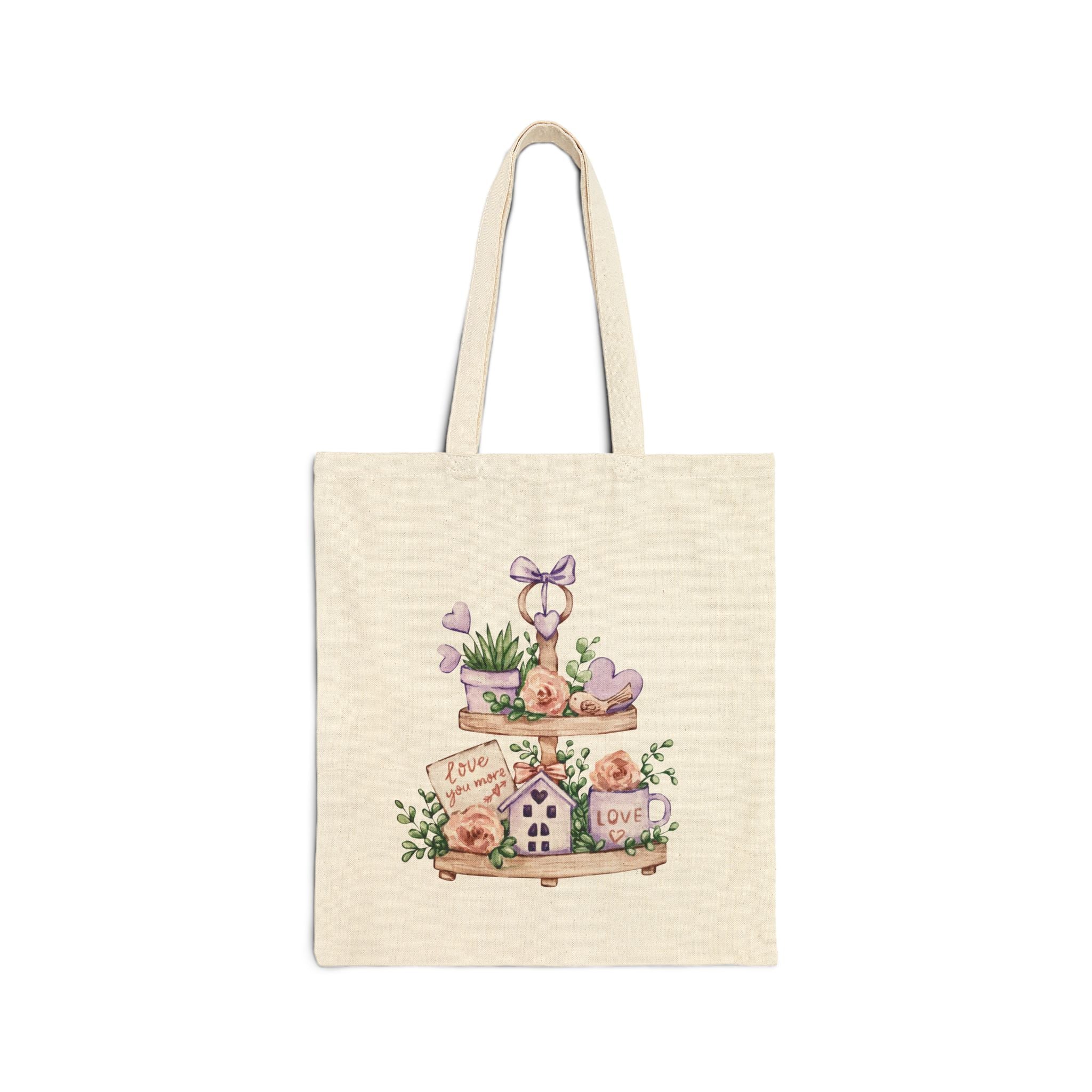 Canvas Tote Bag — Rustic Shelf Decor Illustration (Love, Plants & Hearts)