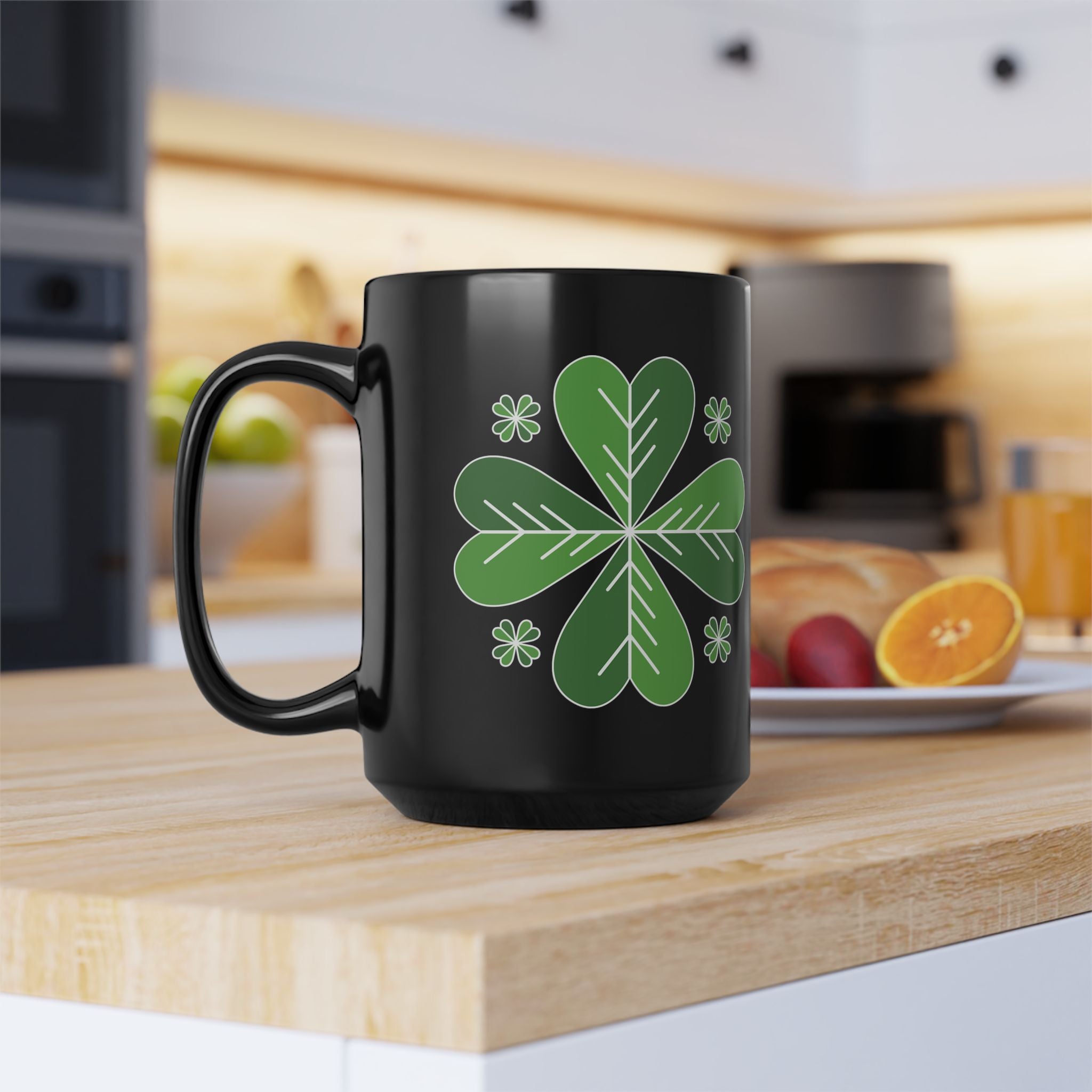 St. Patrick’s Day Green Four-Leaf Clover Mug — Lucky Shamrock Coffee Cup (11oz/15oz)