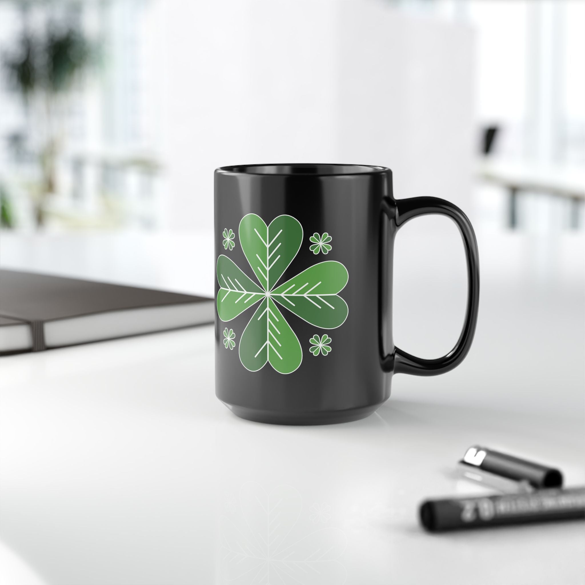 St. Patrick’s Day Green Four-Leaf Clover Mug — Lucky Shamrock Coffee Cup (11oz/15oz)