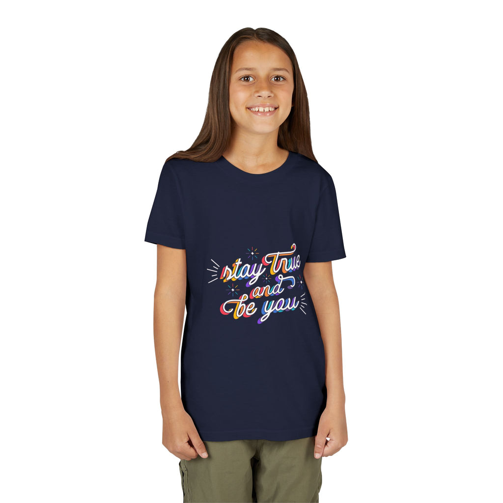 Youth Tee — "Stay True and Be You" Rainbow Script Kids T-Shirt