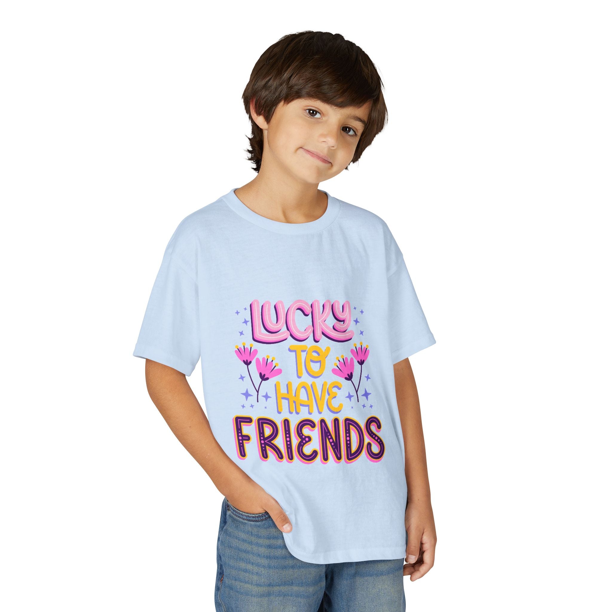 Youth T-Shirt — "Lucky to Have Friends" Cute Floral Friendship Tee