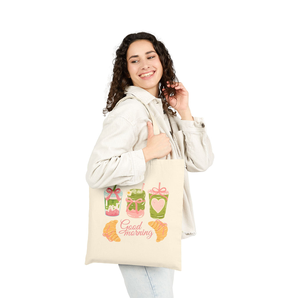 Strawberry and Matcha Pasteries Tote Bag — 'Good Morning' Breakfast Illustration Canvas Tote