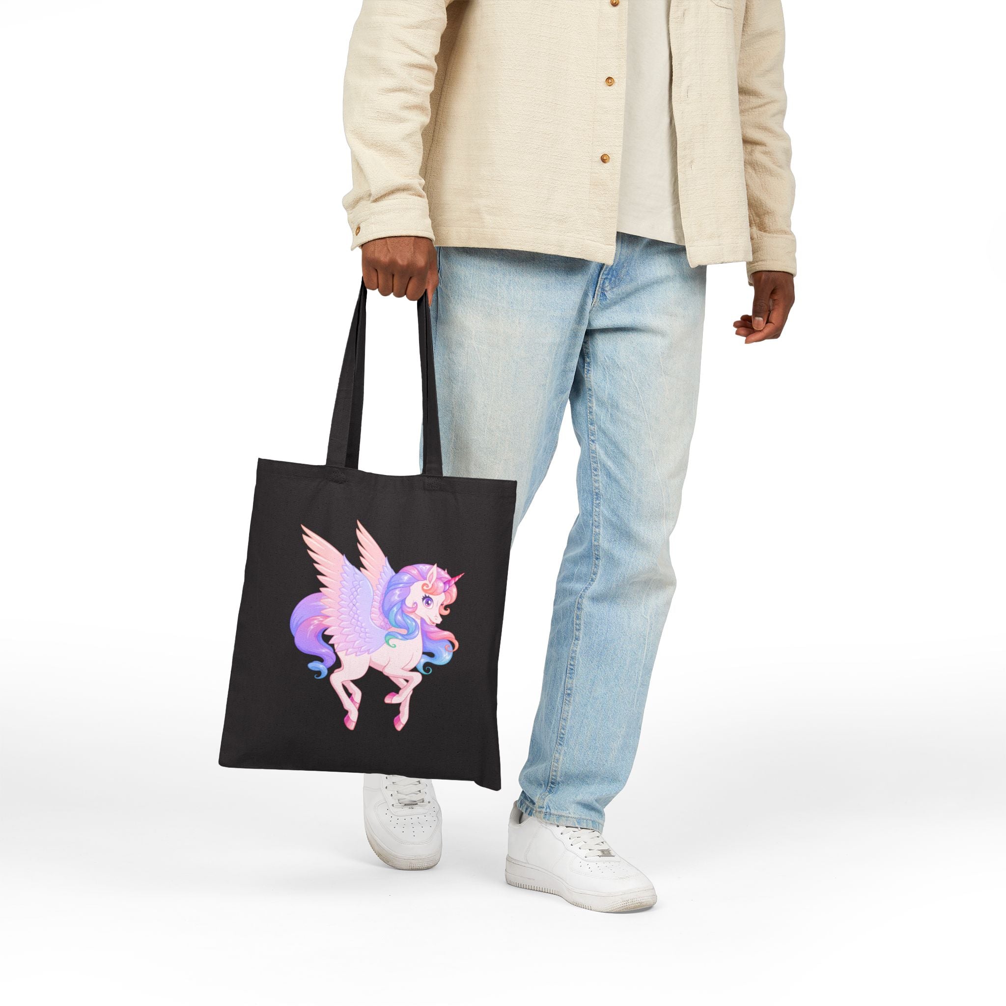 Magical Unicorn Pegasus Canvas Tote Bag — Pastel Rainbow Winged Horse Cotton Shopper