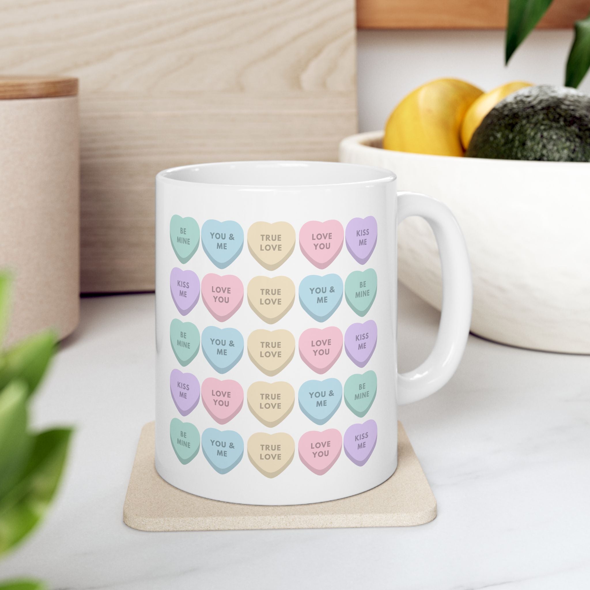 Candy Heart Ceramic Mug — Pastel 'Kiss Me' Conversation Hearts Coffee Cup (11oz & 15oz)