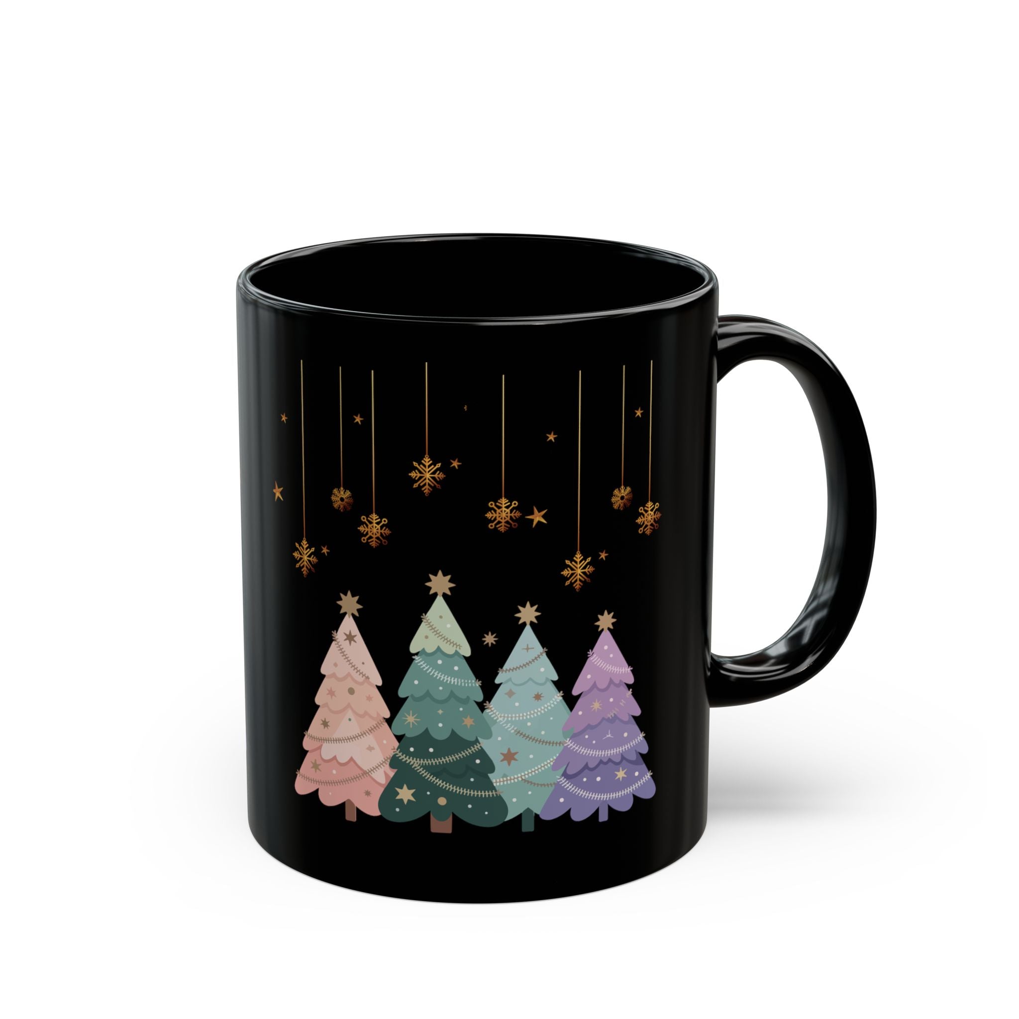 Pastel Ornament Christmas Tree Black Mug — Holiday Coffee Tea Cup (11oz & 15oz)