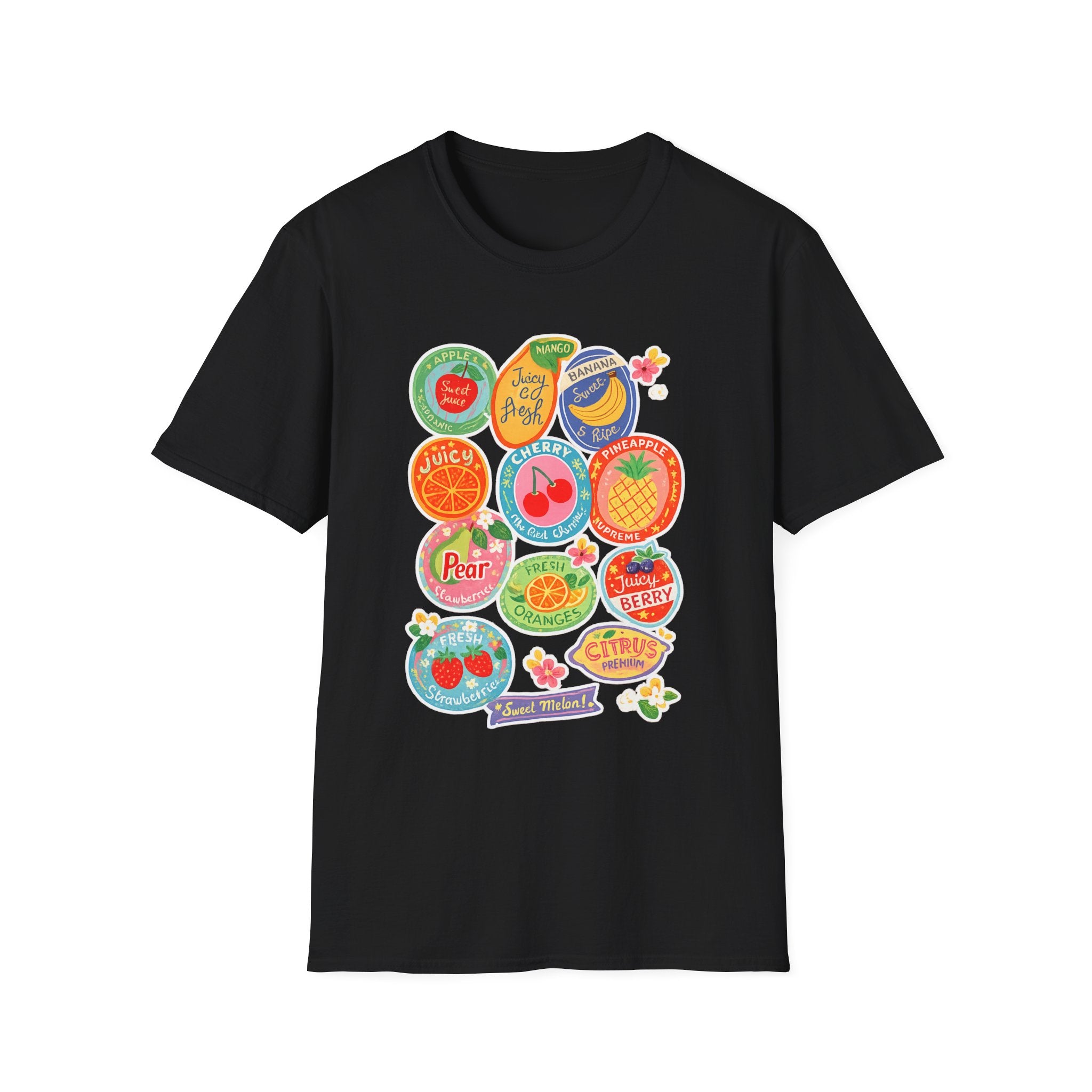 Fruit Label Graphic T-Shirt — Vintage Tropical Citrus Badges Tee