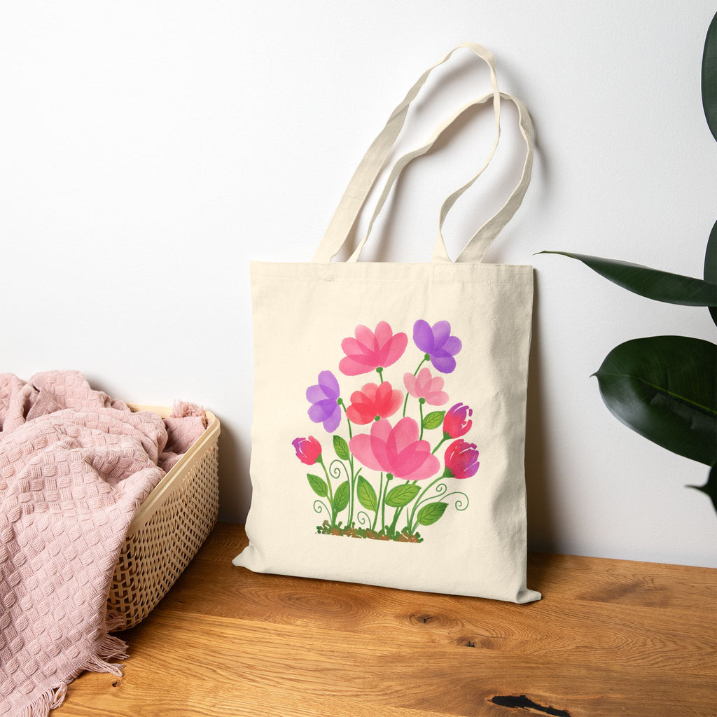 Floral Blossom Pink & Purple Wildflower Cotton Canvas Tote Bag