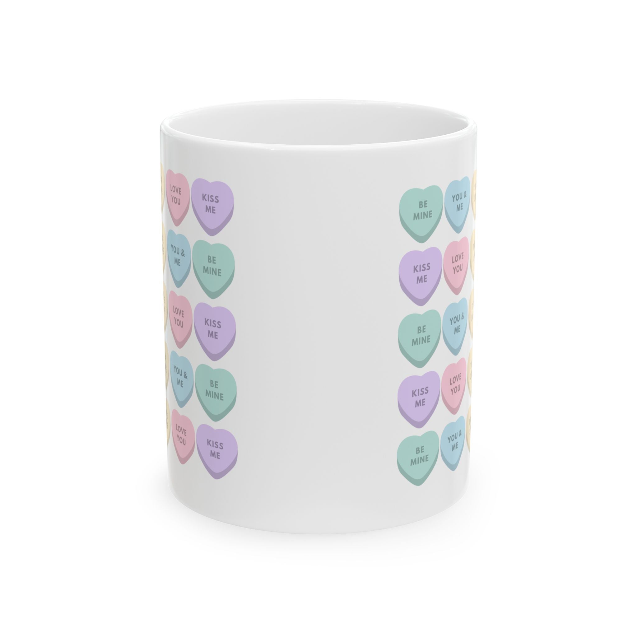 Candy Heart Ceramic Mug — Pastel 'Kiss Me' Conversation Hearts Coffee Cup (11oz & 15oz)