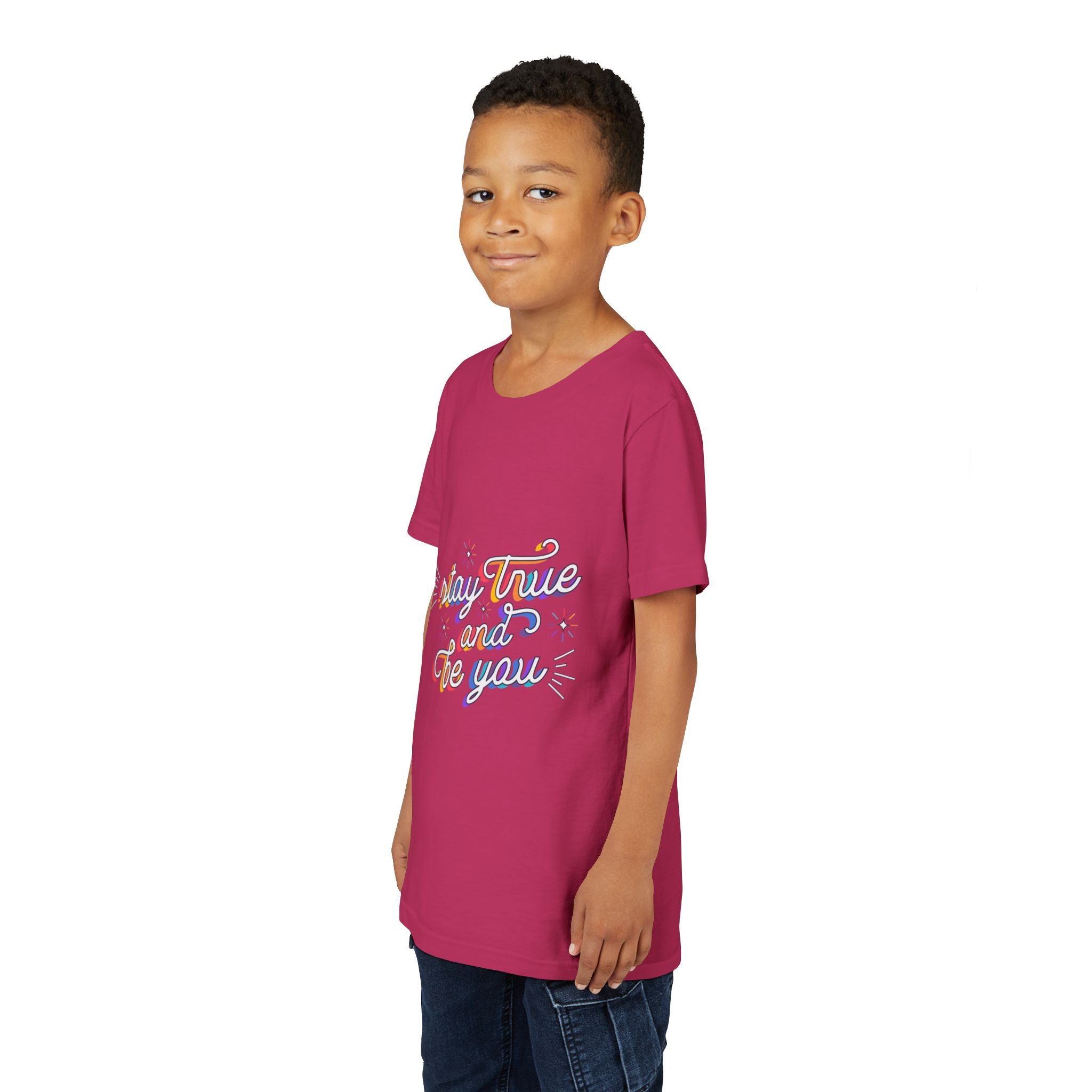 Youth Tee — "Stay True and Be You" Rainbow Script Kids T-Shirt