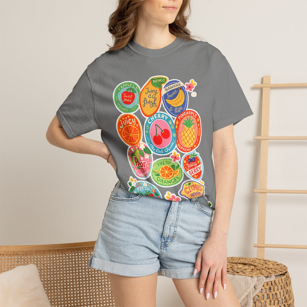 Fruit Sticker Patch T-Shirt — Juicy Retro Labels Graphic Tee