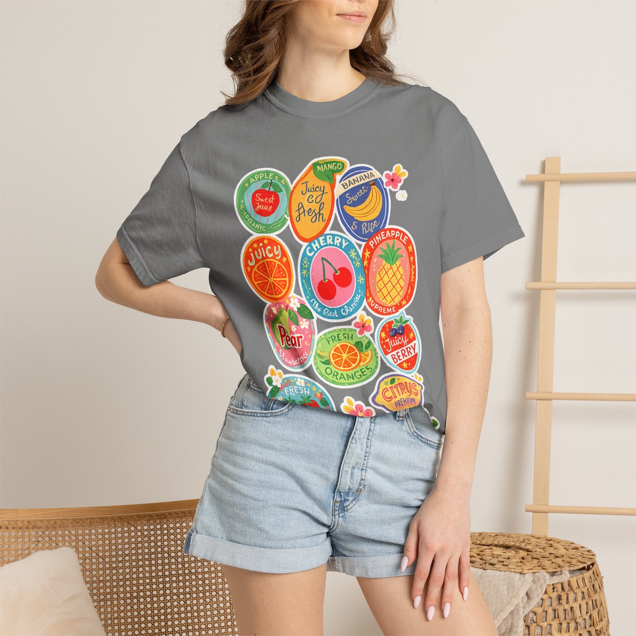 Fruit Sticker Patch T-Shirt — Juicy Retro Labels Graphic Tee