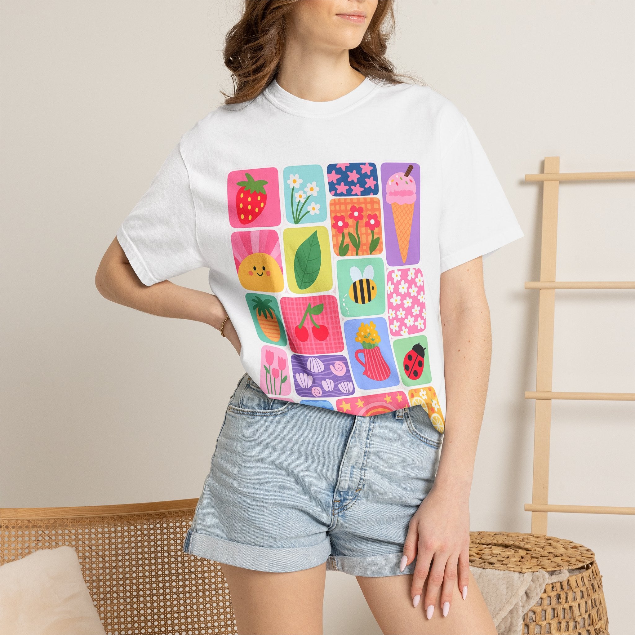 Retro Cute Icons Summer T-Shirt — Colorful Illustration Tee