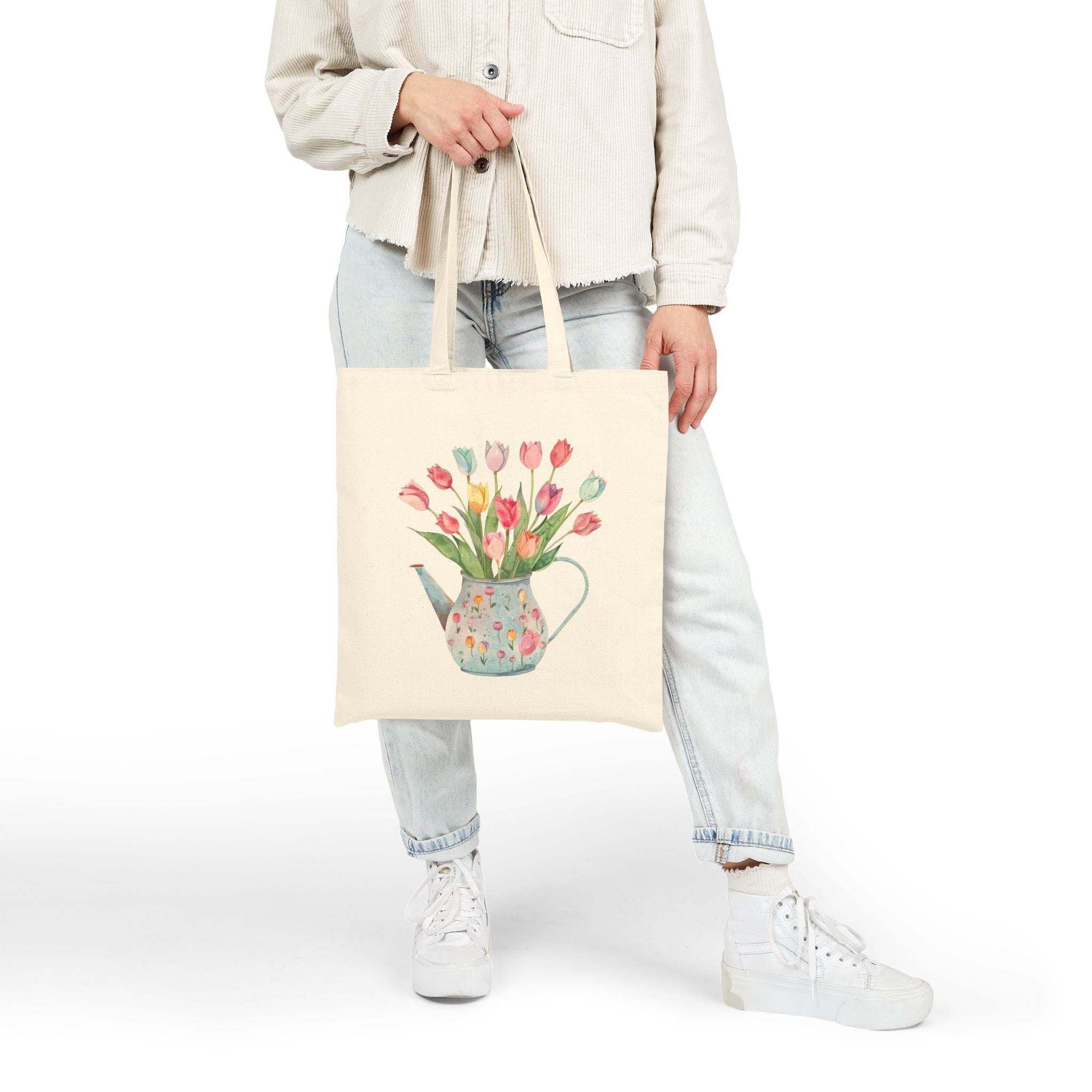 Pastel Potted Flowers Cotton Canvas Tote Bag — Floral Bloom Design