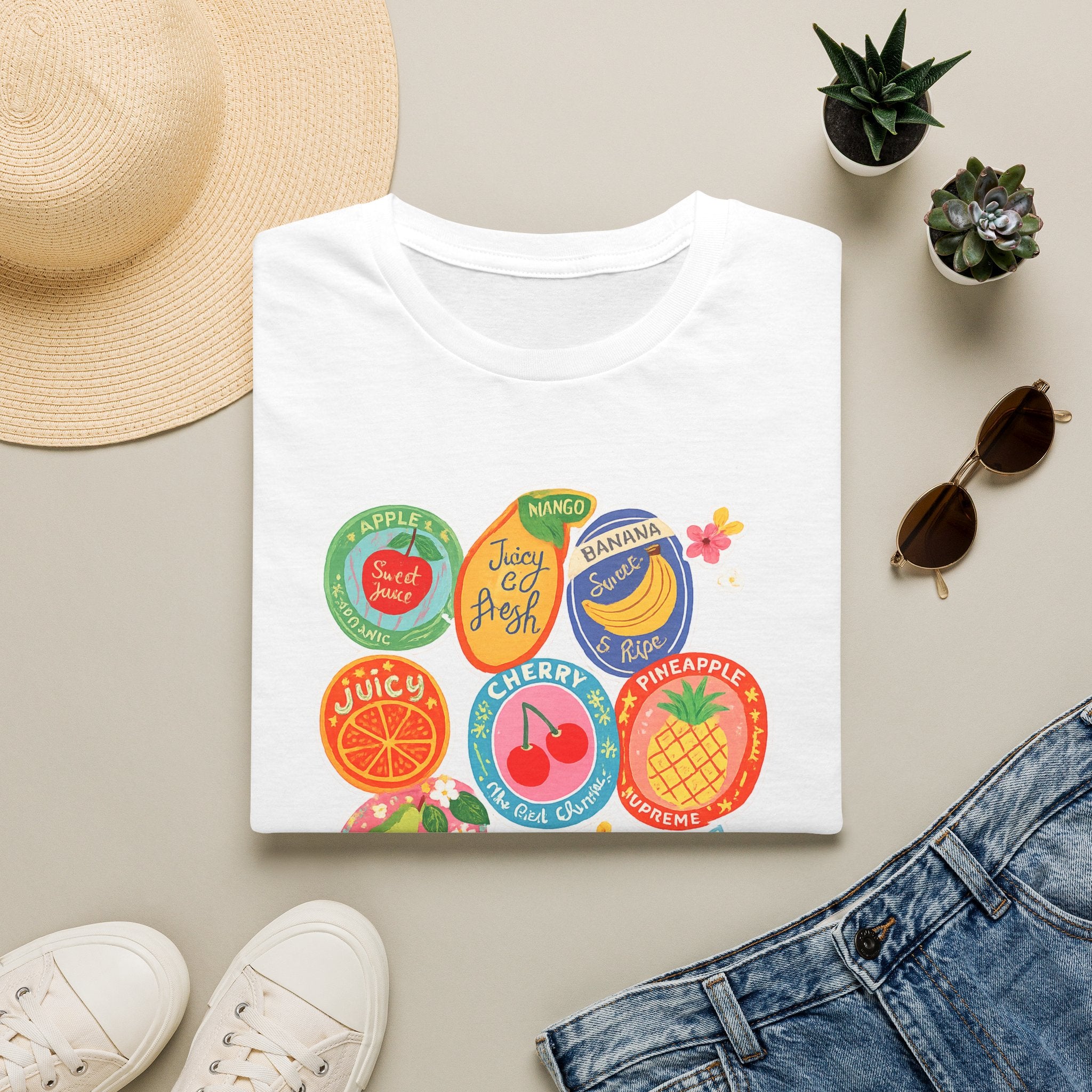 Fruit Label Graphic T-Shirt — Vintage Tropical Citrus Badges Tee