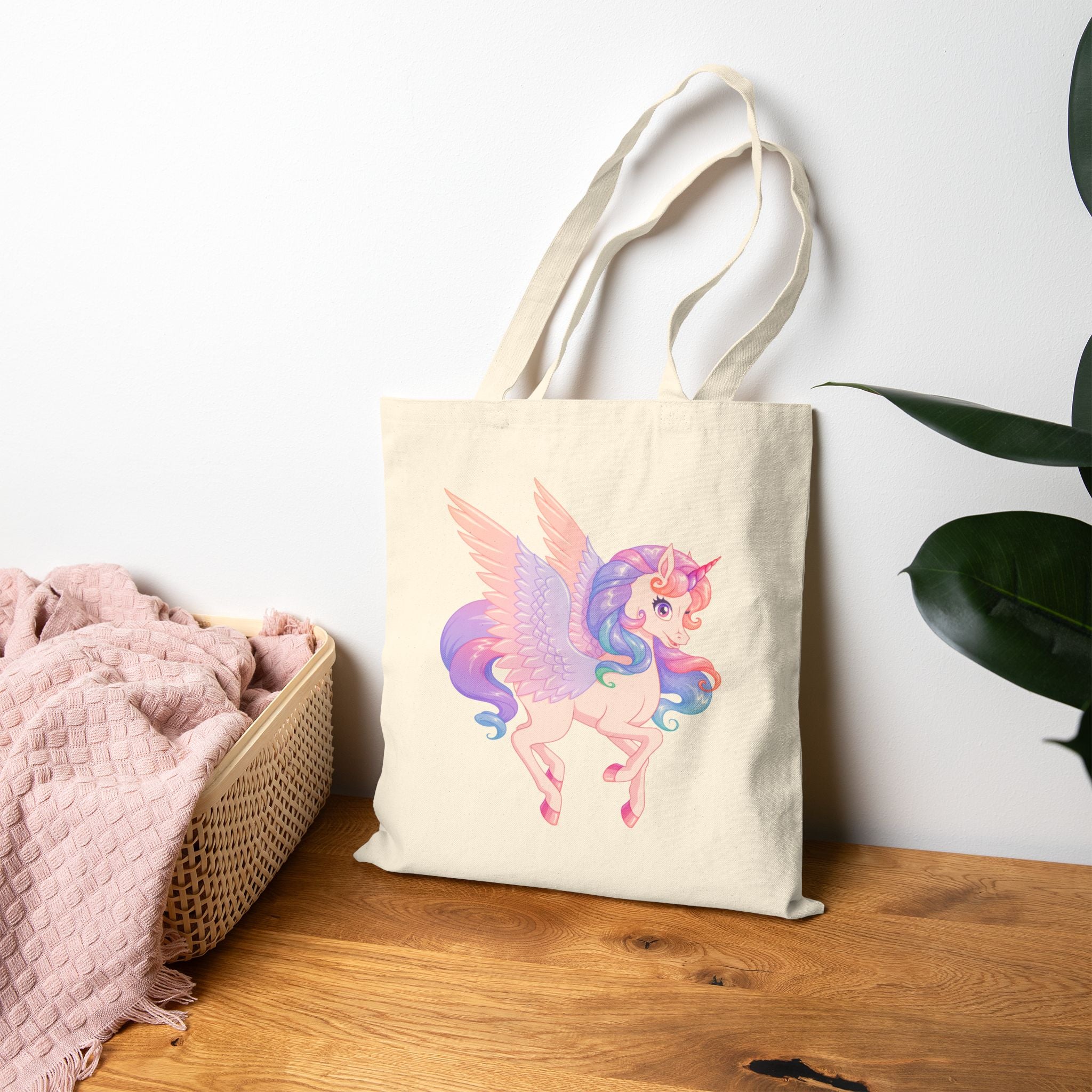 Magical Unicorn Pegasus Canvas Tote Bag — Pastel Rainbow Winged Horse Cotton Shopper