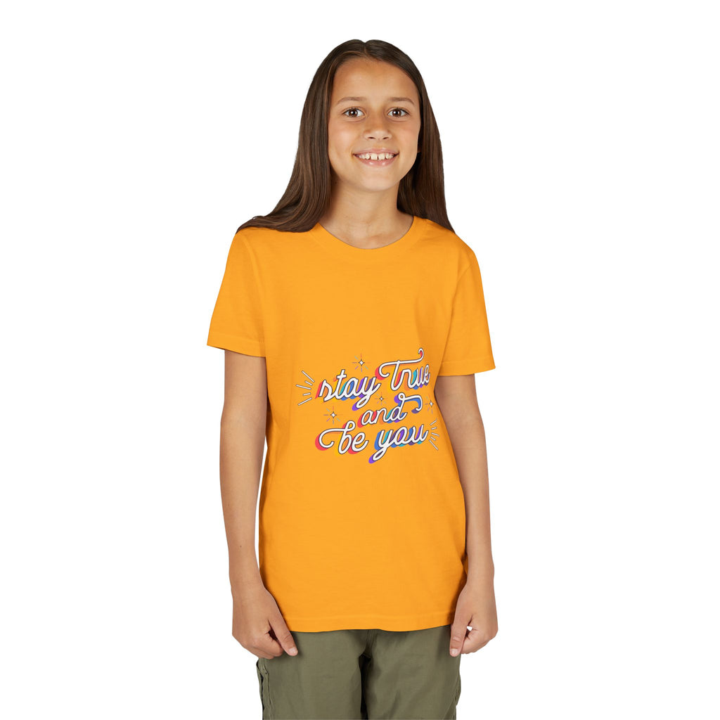 Youth Tee — "Stay True and Be You" Rainbow Script Kids T-Shirt
