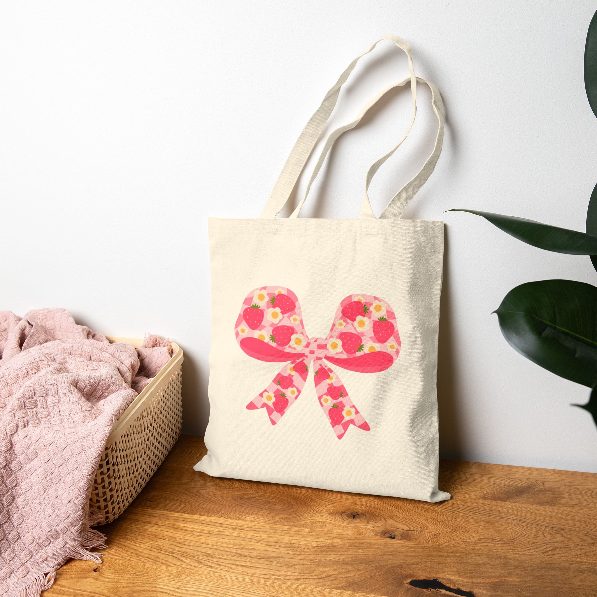 Floral Strawberry Bow Canvas Tote — Pink Flower Ribbon Strawberries