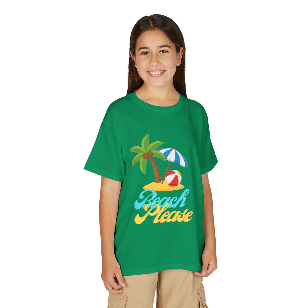 Youth Beach Please T-Shirt — Kids Summer Palm Tree & Umbrella Tee