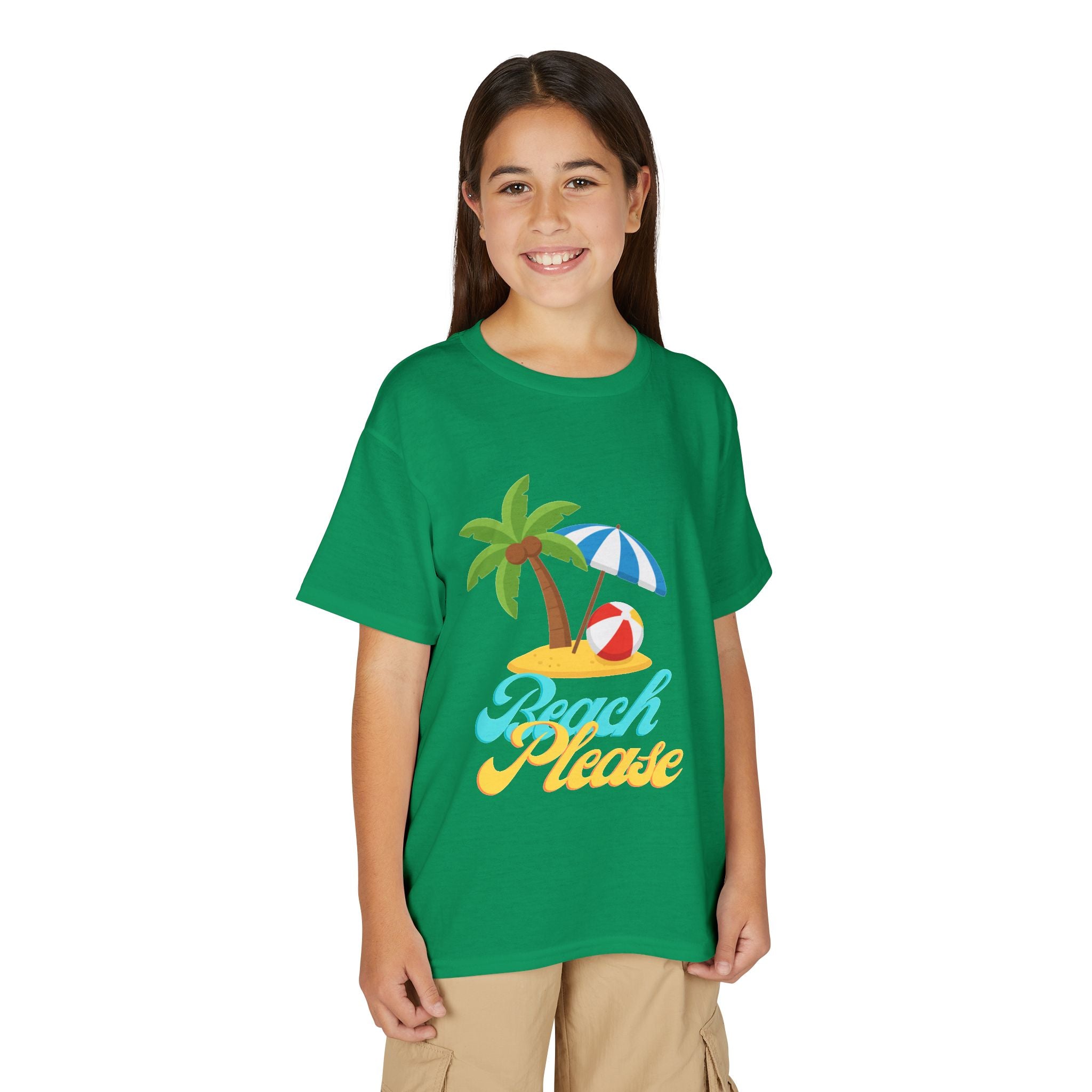 Youth Beach Please T-Shirt — Kids Summer Palm Tree & Umbrella Tee