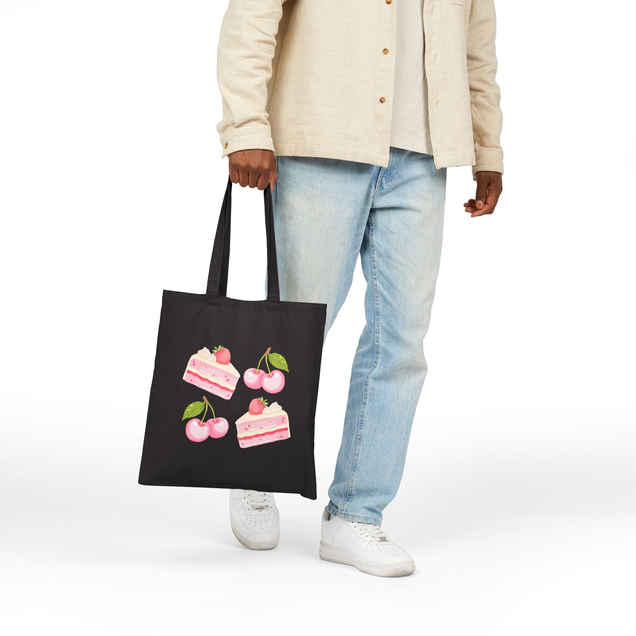 Strawberry Cherry Cake Canvas Tote Bag — Cute Dessert Grocery Tote