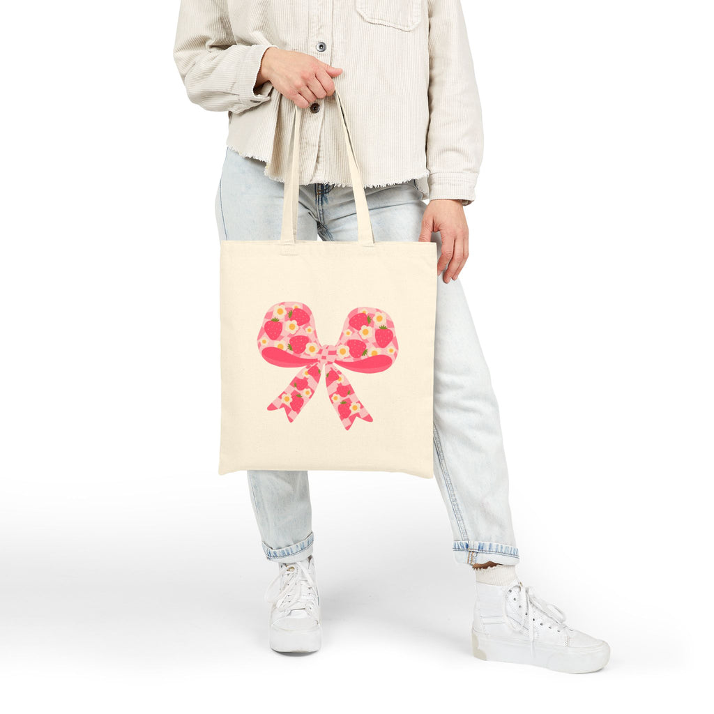 Floral Strawberry Bow Canvas Tote — Pink Flower Ribbon Strawberries