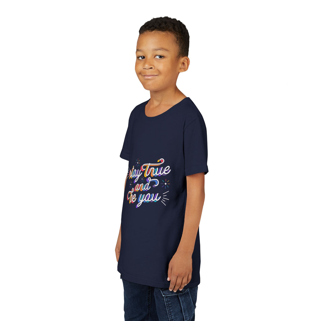 Youth Tee — "Stay True and Be You" Rainbow Script Kids T-Shirt