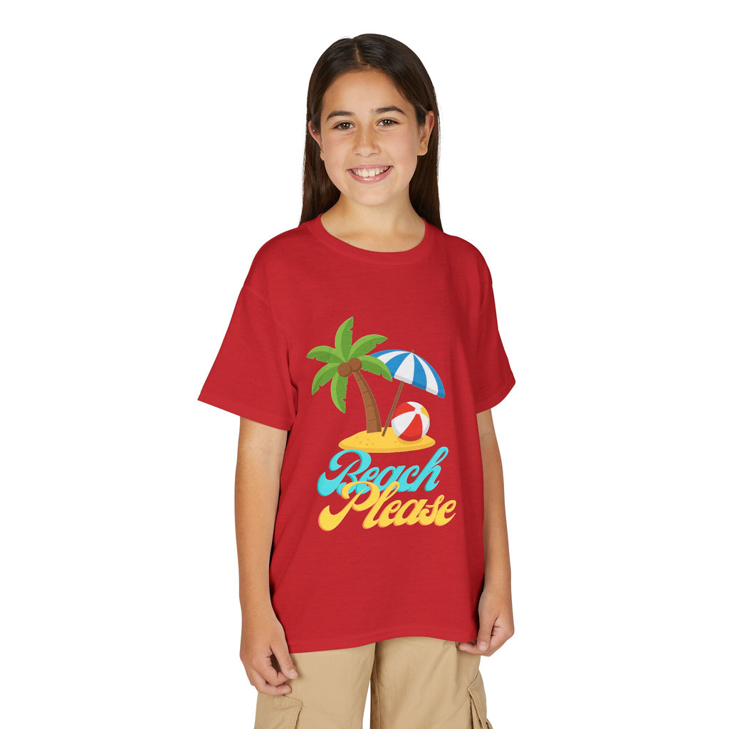 Youth Beach Please T-Shirt — Kids Summer Palm Tree & Umbrella Tee