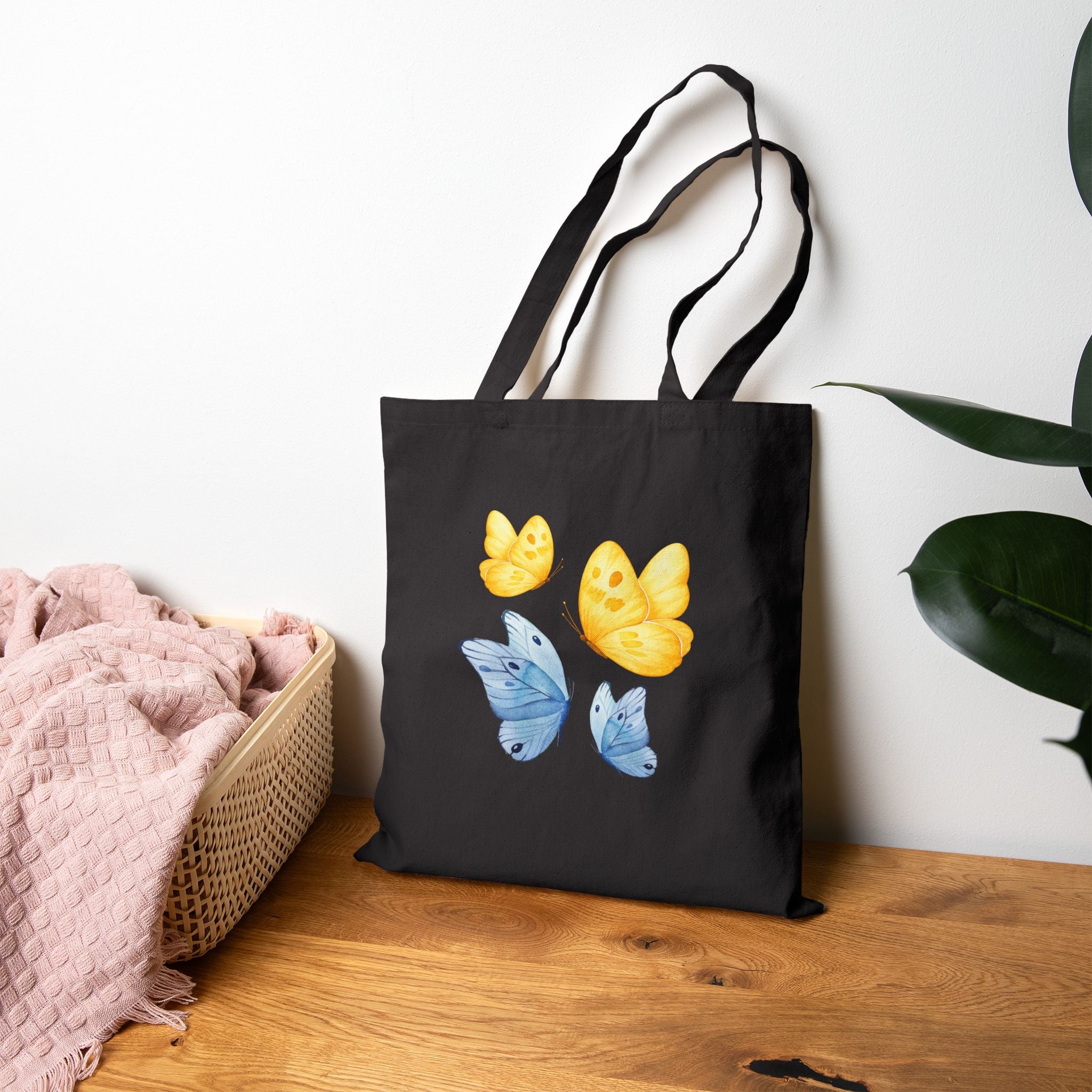 Butterfly Watercolor Tote Bag — Yellow & Blue Canvas Shopper