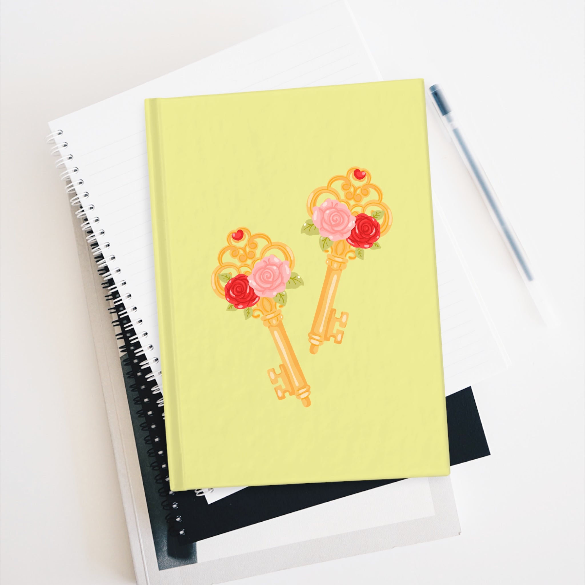 Floral Rose Key Hardcover Journal — Romantic Yellow Ruled Notebook