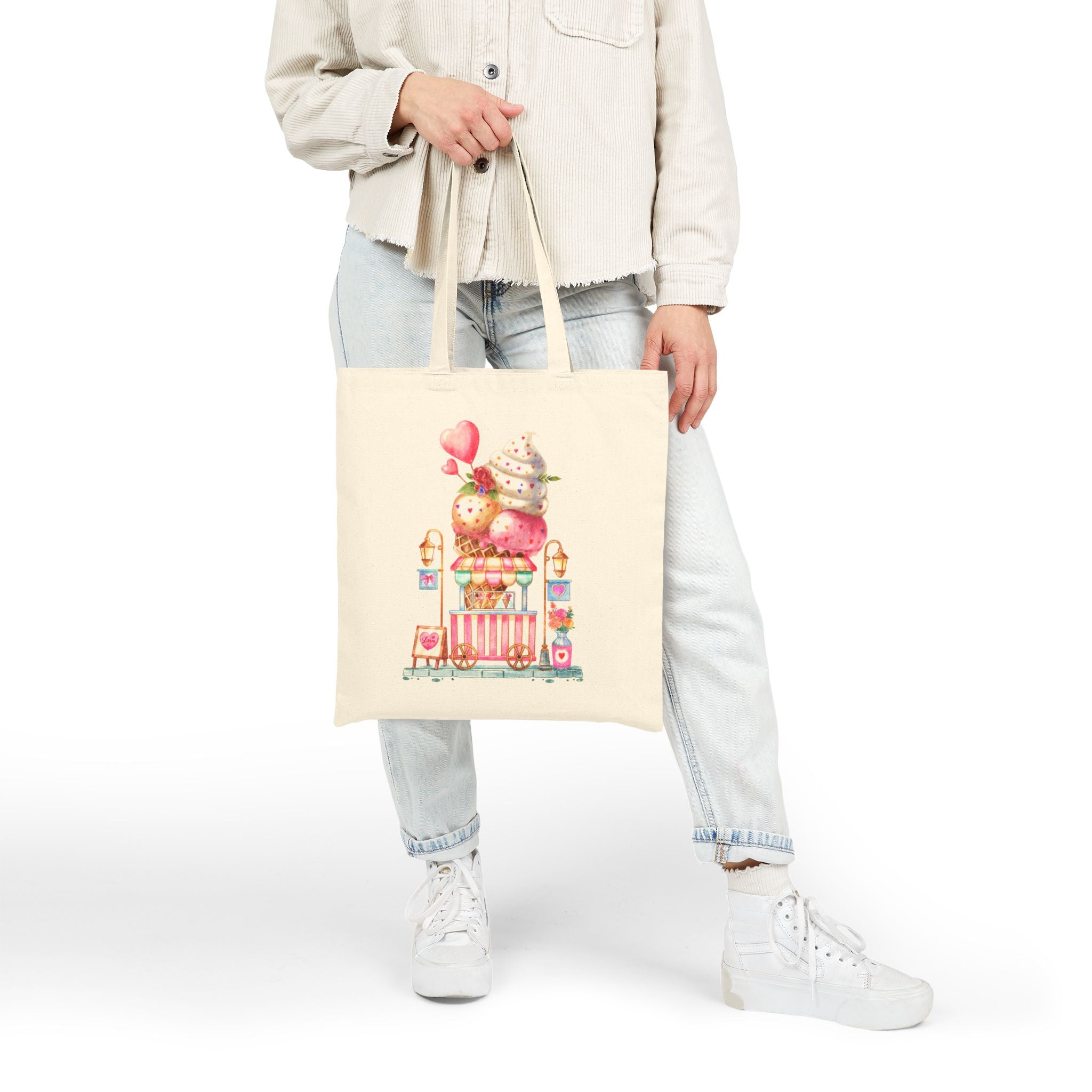 Ice Cream Cart Cotton Canvas Tote Bag — Cute Delicious Pastel Dessert Illustration