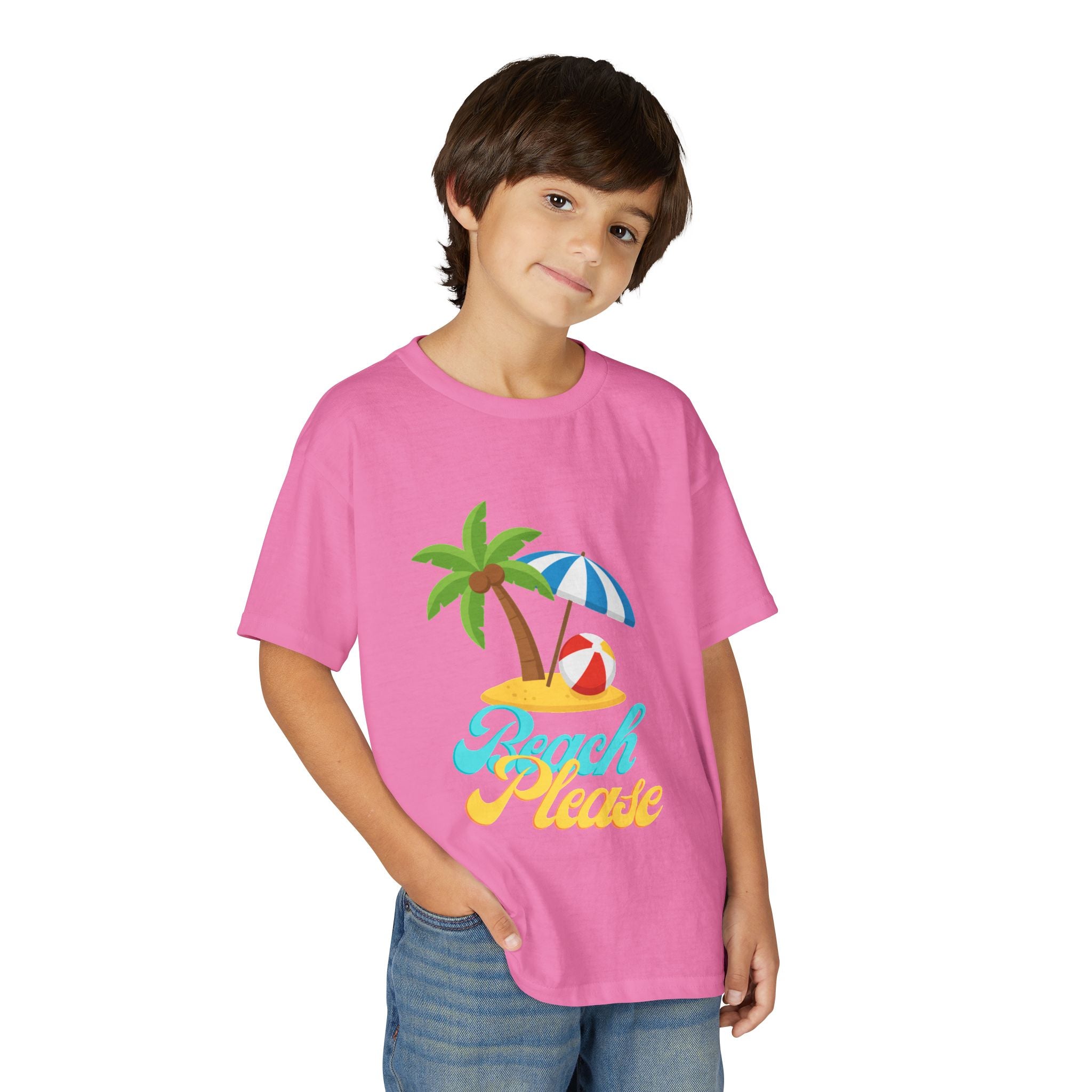 Youth Beach Please T-Shirt — Kids Summer Palm Tree & Umbrella Tee