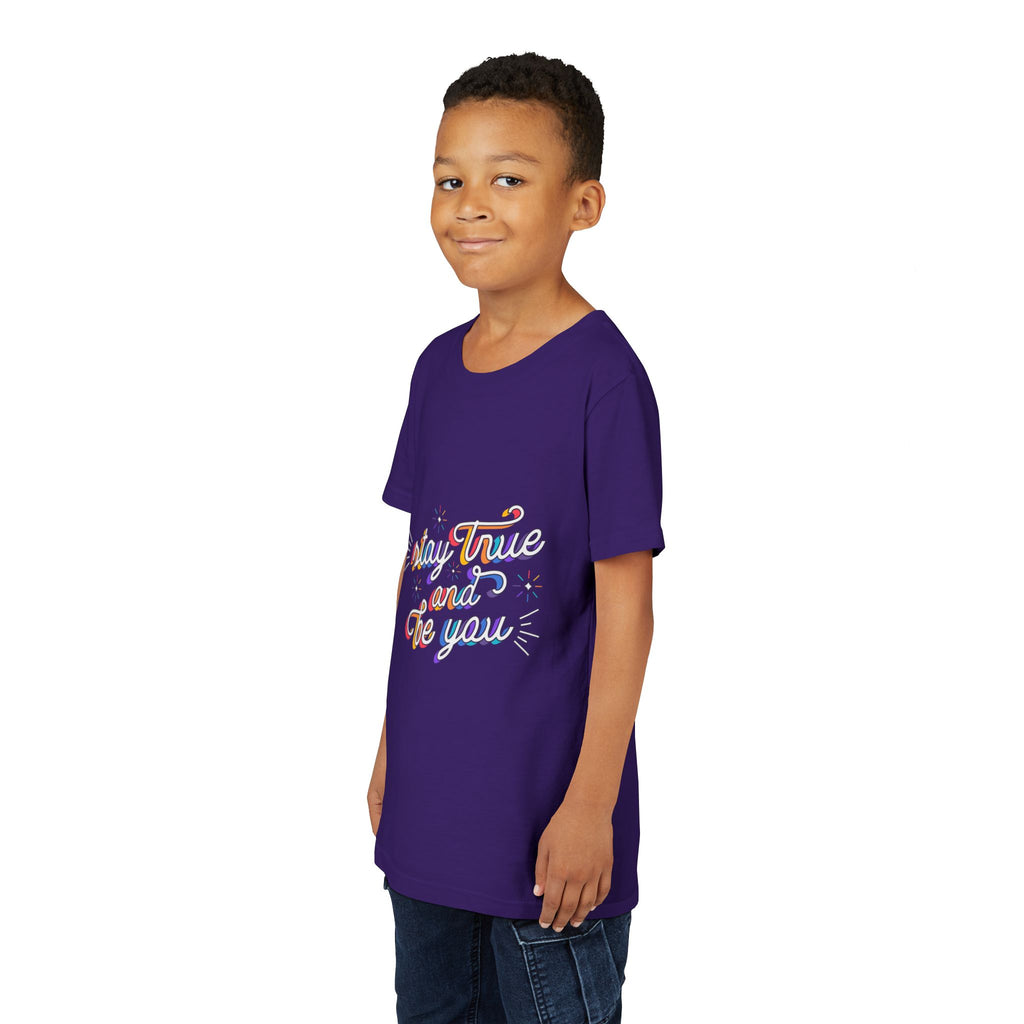 Youth Tee — "Stay True and Be You" Rainbow Script Kids T-Shirt
